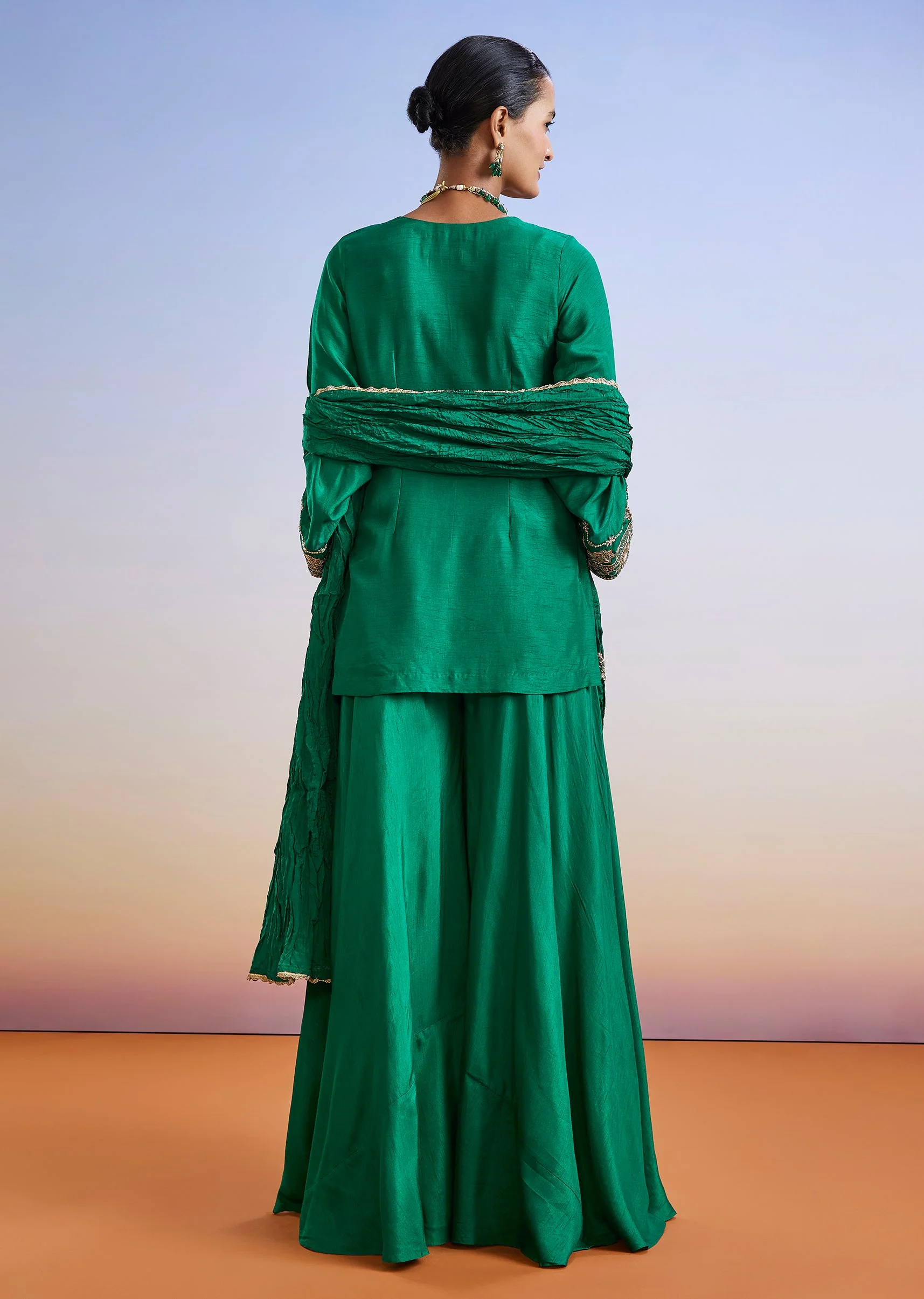 Green Zardosi Embroidered Straight Kurta Palazzo Suit With Dupatta - Image 5