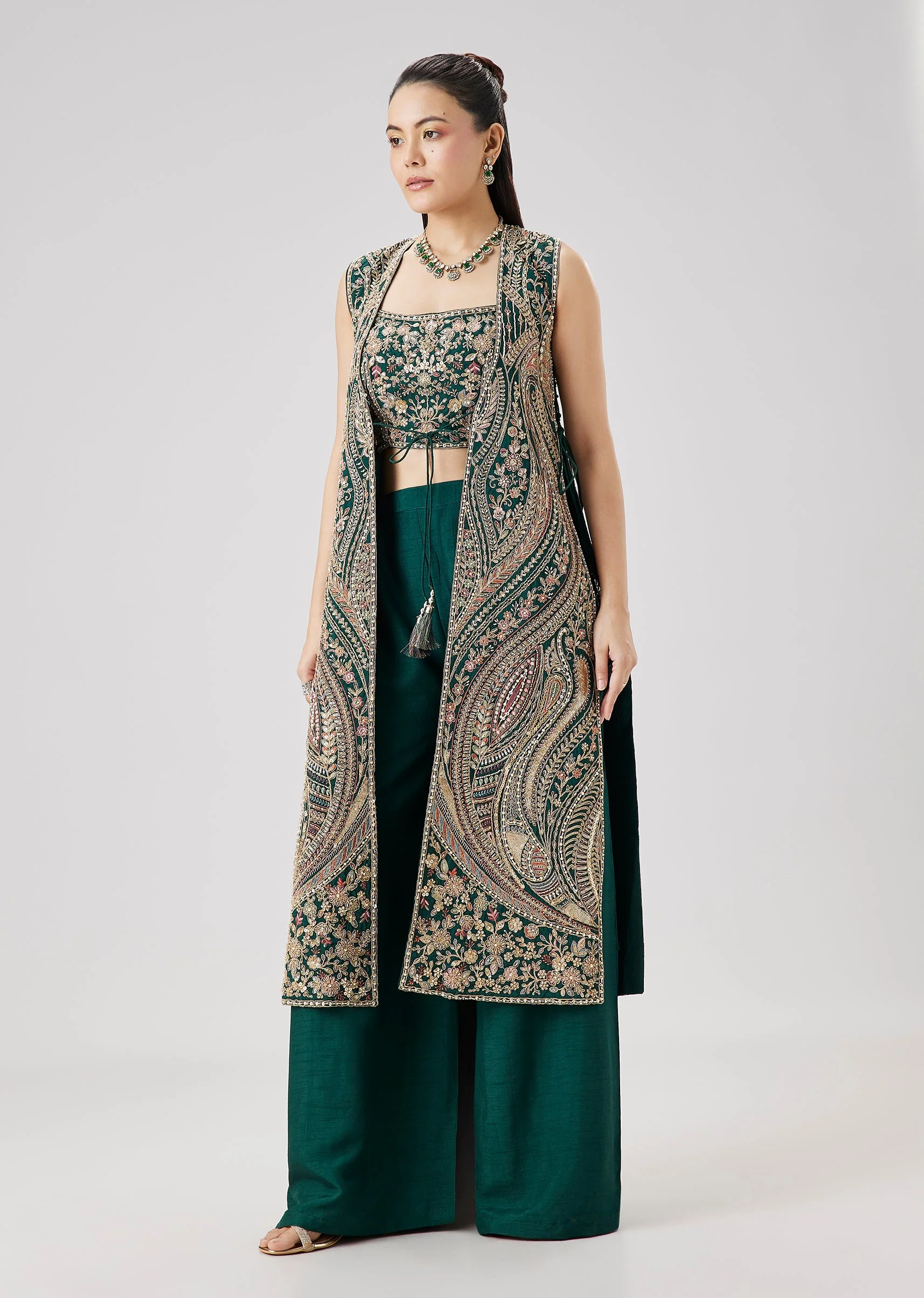 Green Zari And Resham Embroidered Crop Top Palazzo Set With Jacket - Image 3