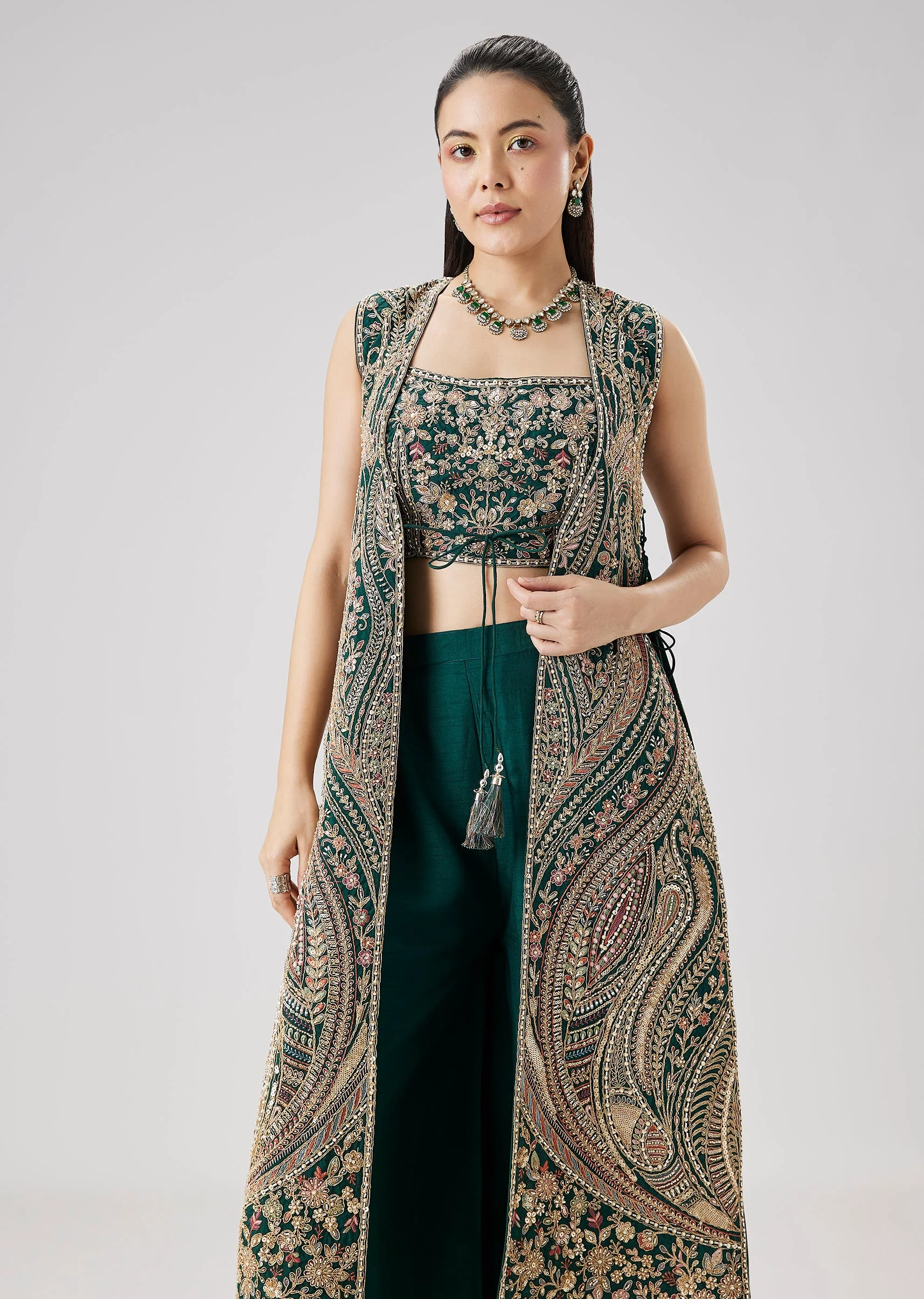 Green Zari And Resham Embroidered Crop Top Palazzo Set With Jacket - Image 4