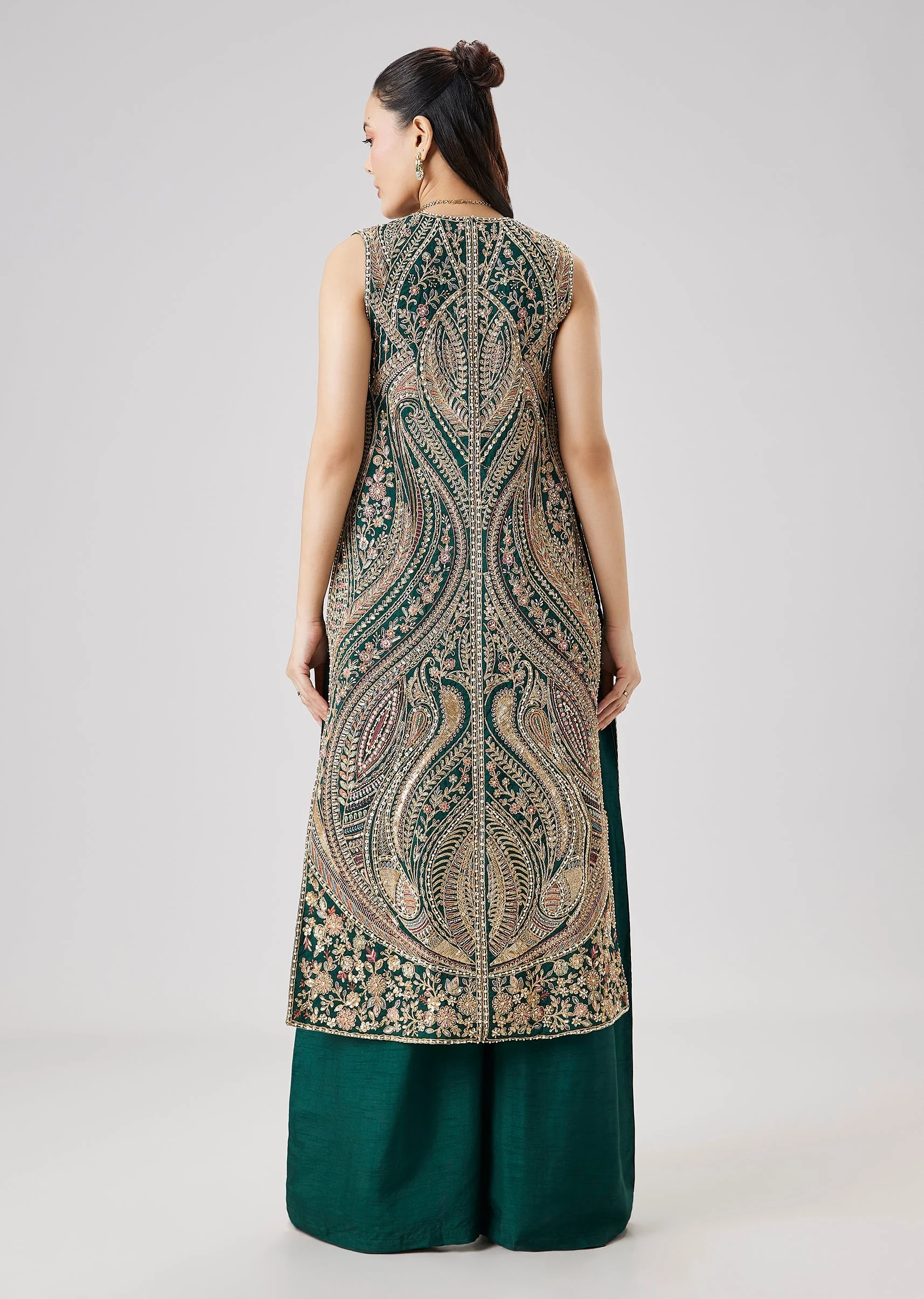 Green Zari And Resham Embroidered Crop Top Palazzo Set With Jacket - Image 5