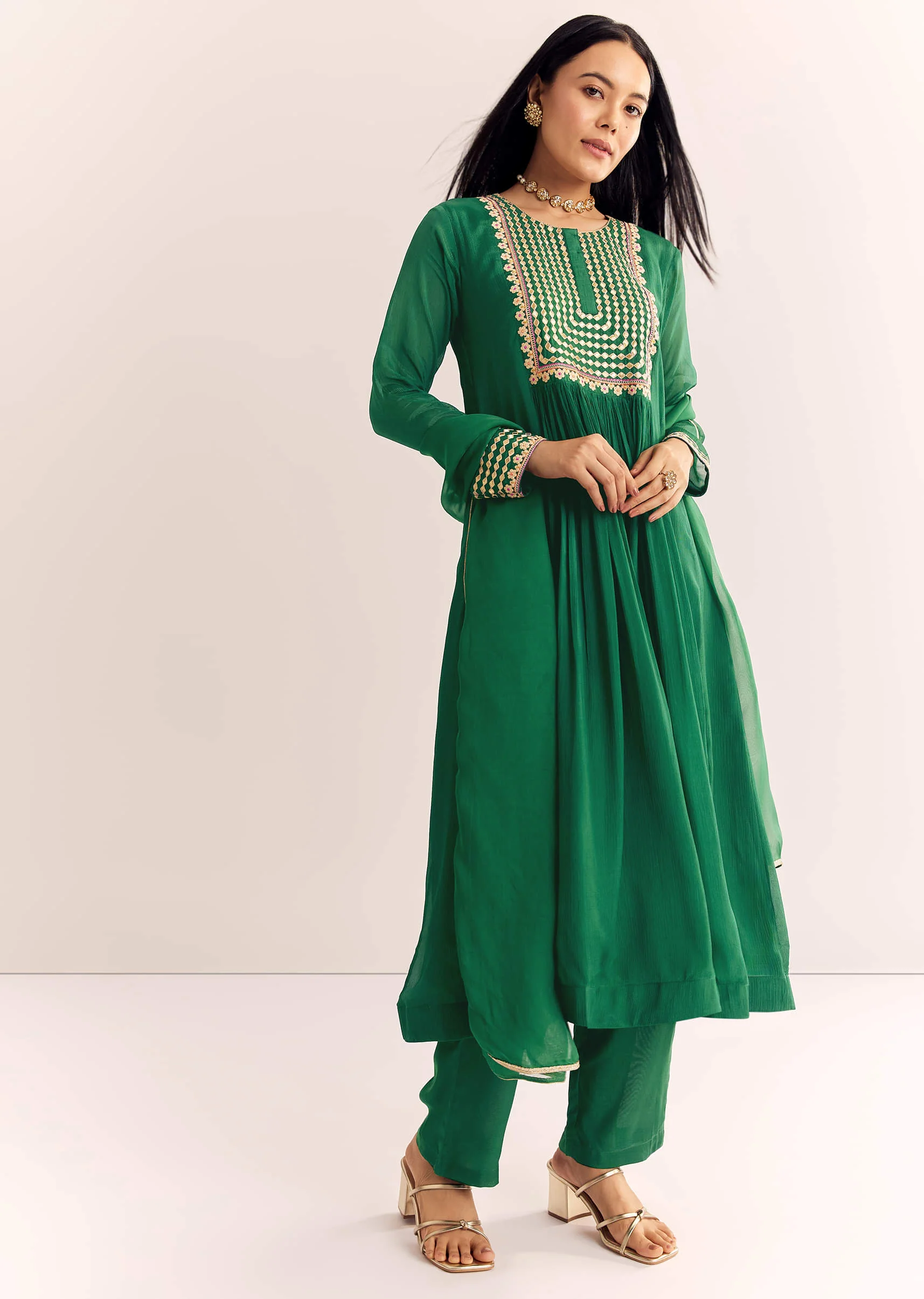 Green Zari Neckline Chinon Anarkali Suit With Dupatta - Image 3