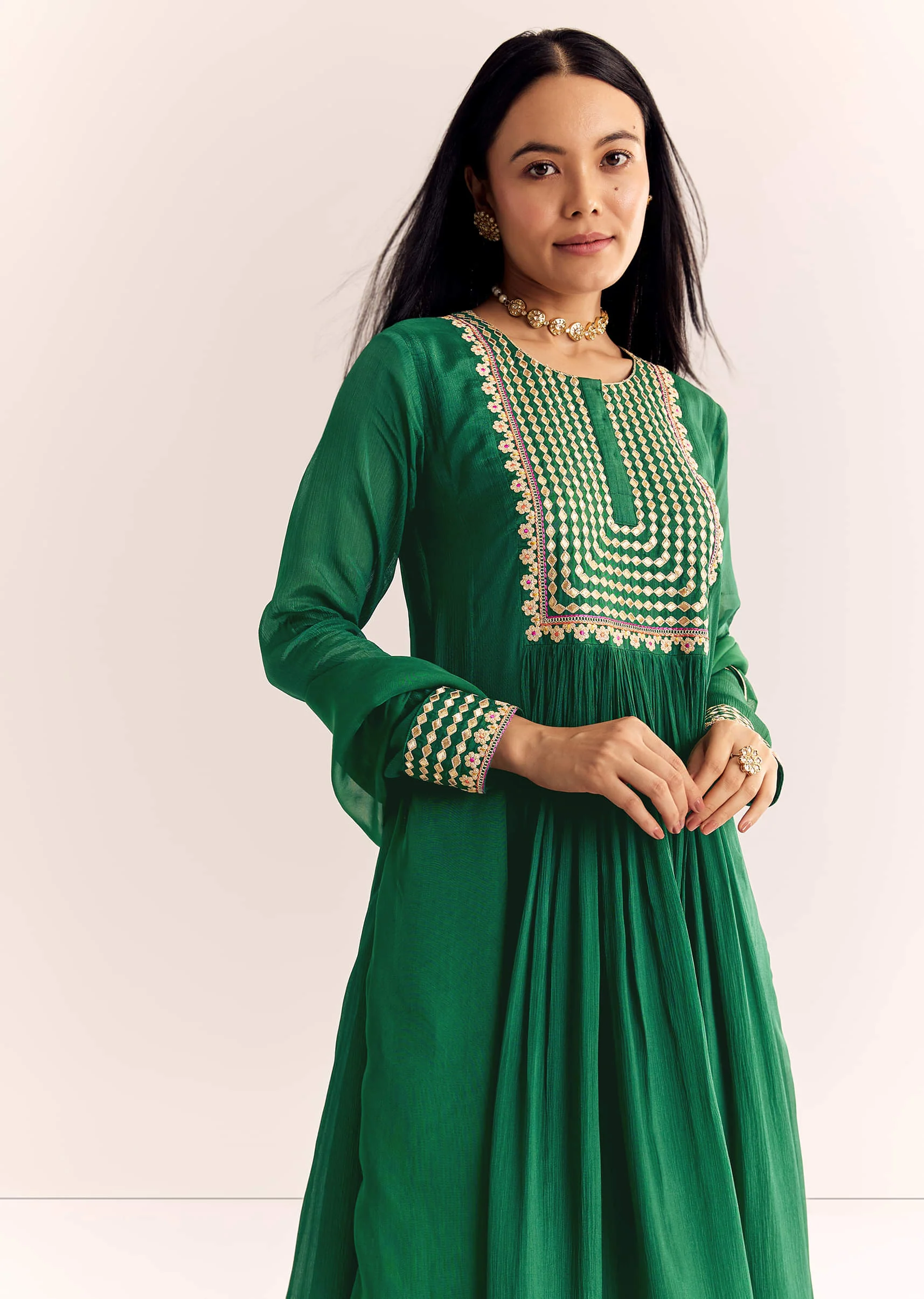 Green Zari Neckline Chinon Anarkali Suit With Dupatta - Image 4