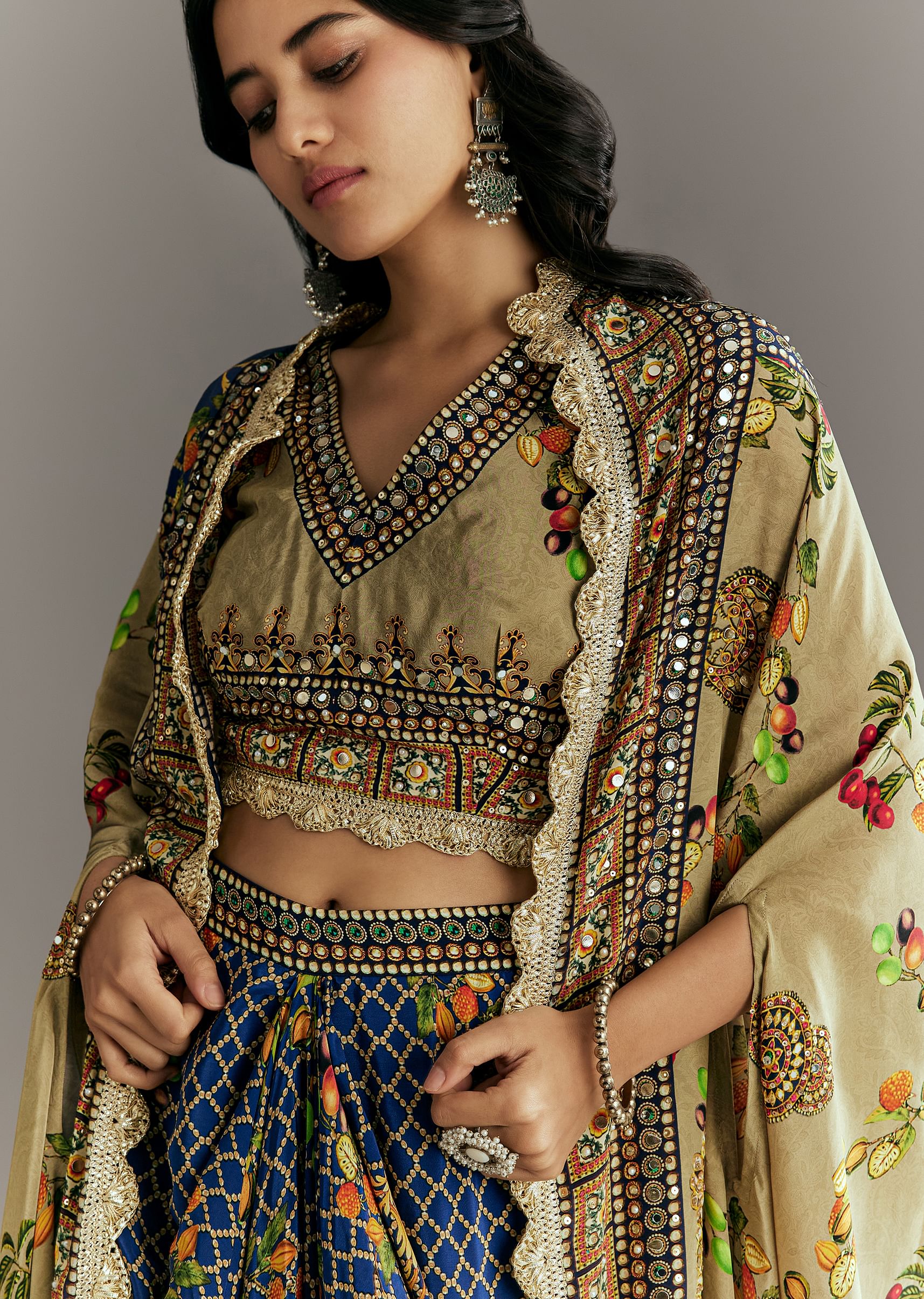 Greenish Beige Muslin Embroidered Croptop With Printed Skirt And Cape - Image 2
