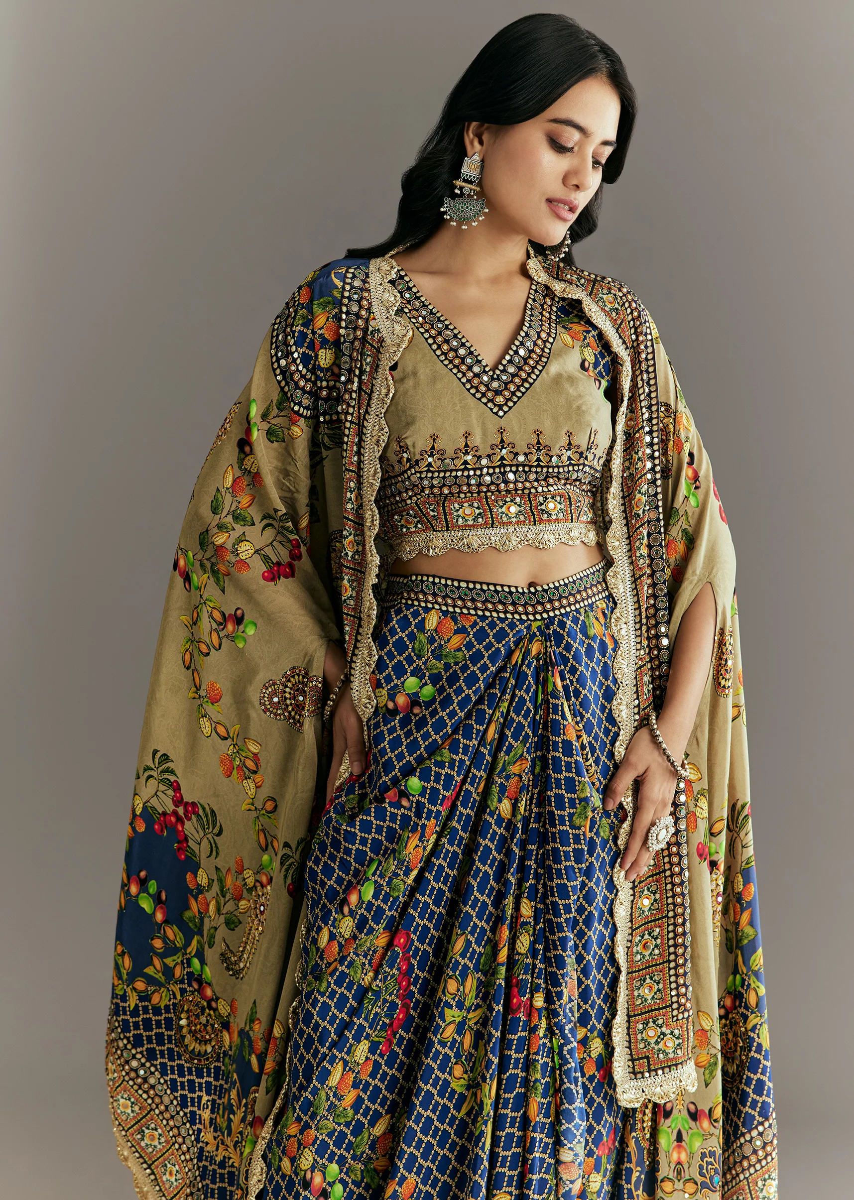 Greenish Beige Muslin Embroidered Croptop With Printed Skirt And Cape - Image 4
