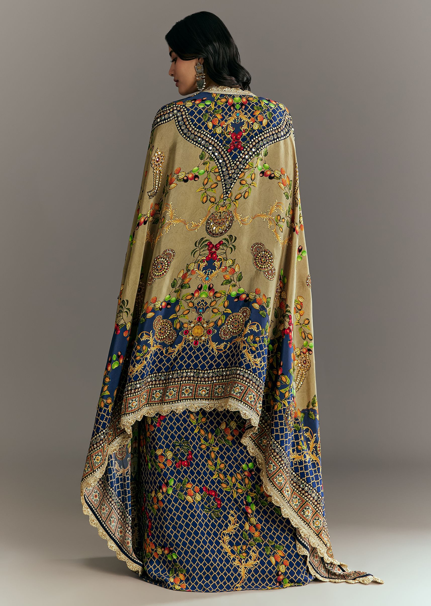 Greenish Beige Muslin Embroidered Croptop With Printed Skirt And Cape - Image 5