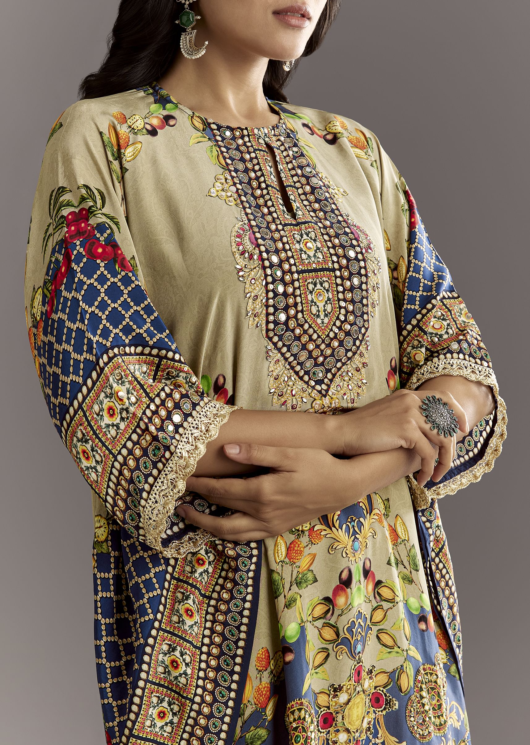 Greenish Beige Printed Kaftaan Kurta With Dhoti - Image 2