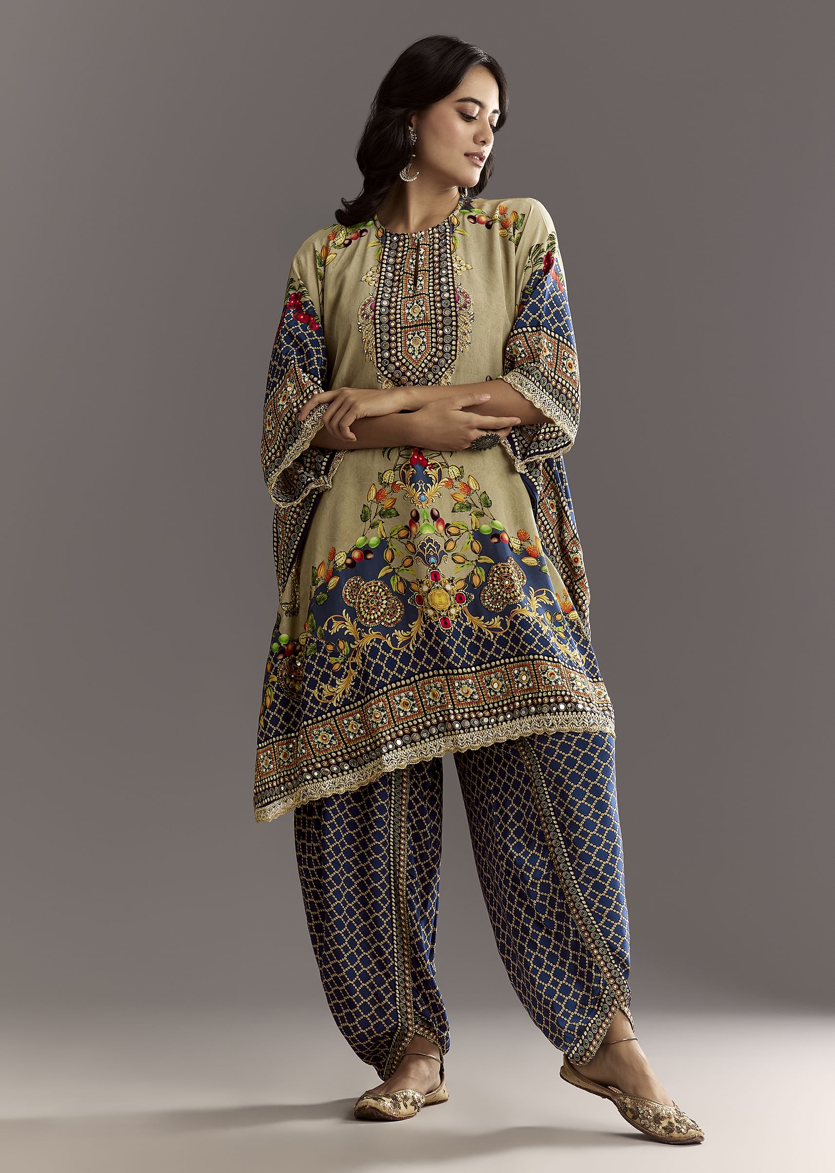 Greenish Beige Printed Kaftaan Kurta With Dhoti - Image 3