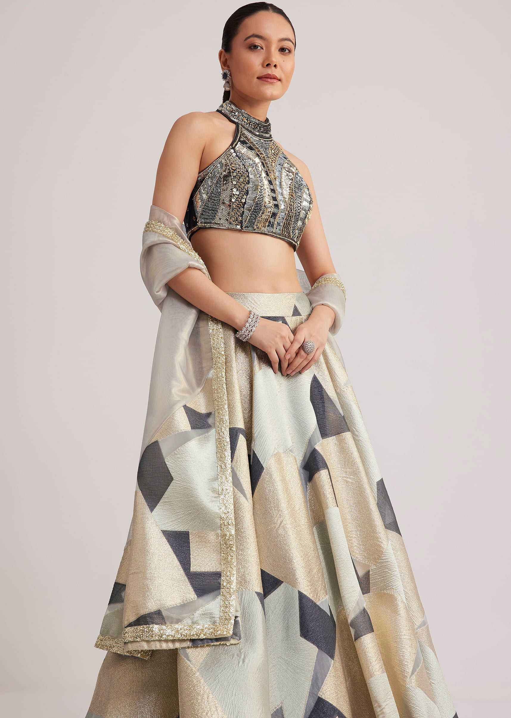 Grey And Gold Net Embroidered Lehenga Set - Image 2