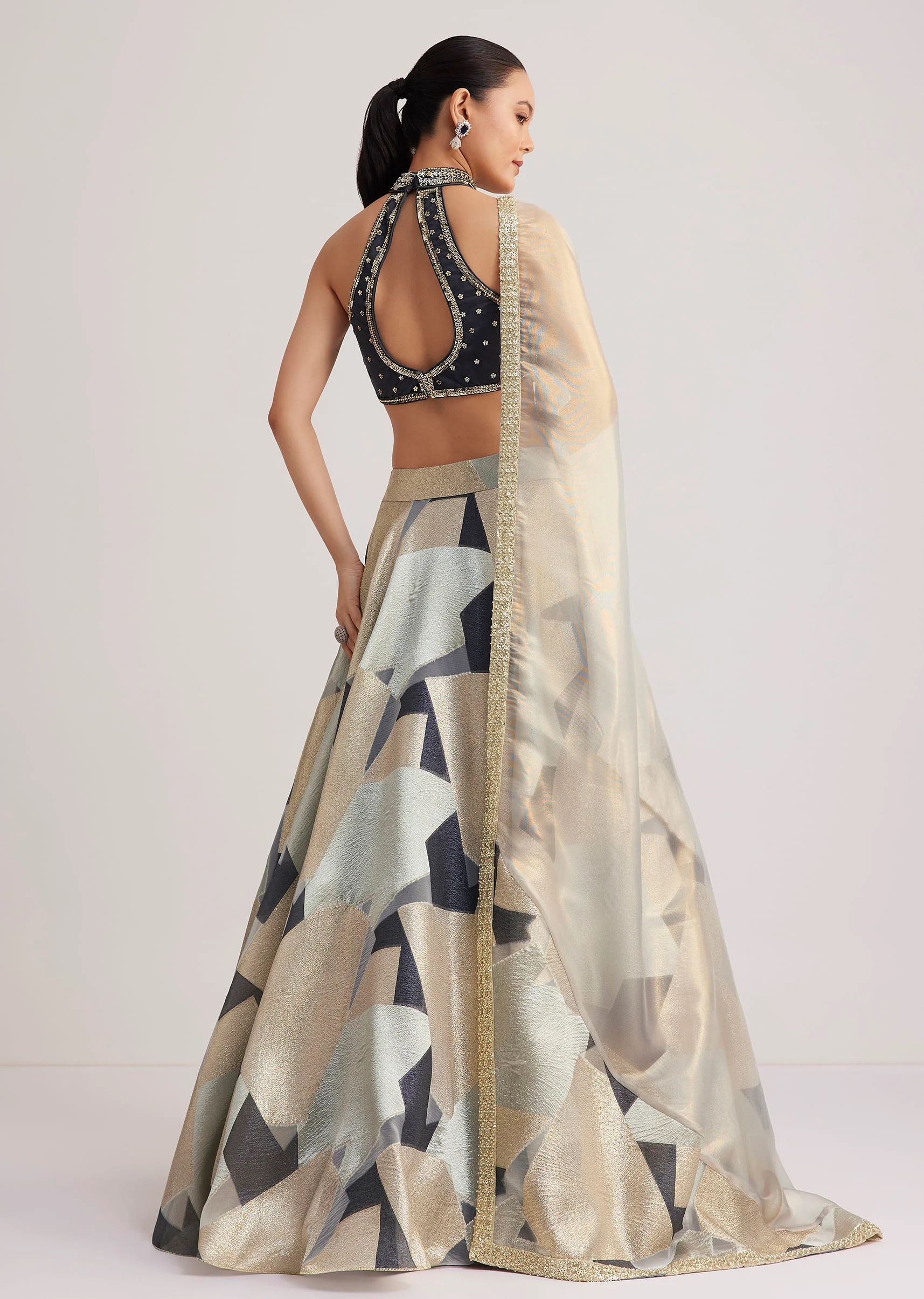 Grey And Gold Net Embroidered Lehenga Set - Image 5