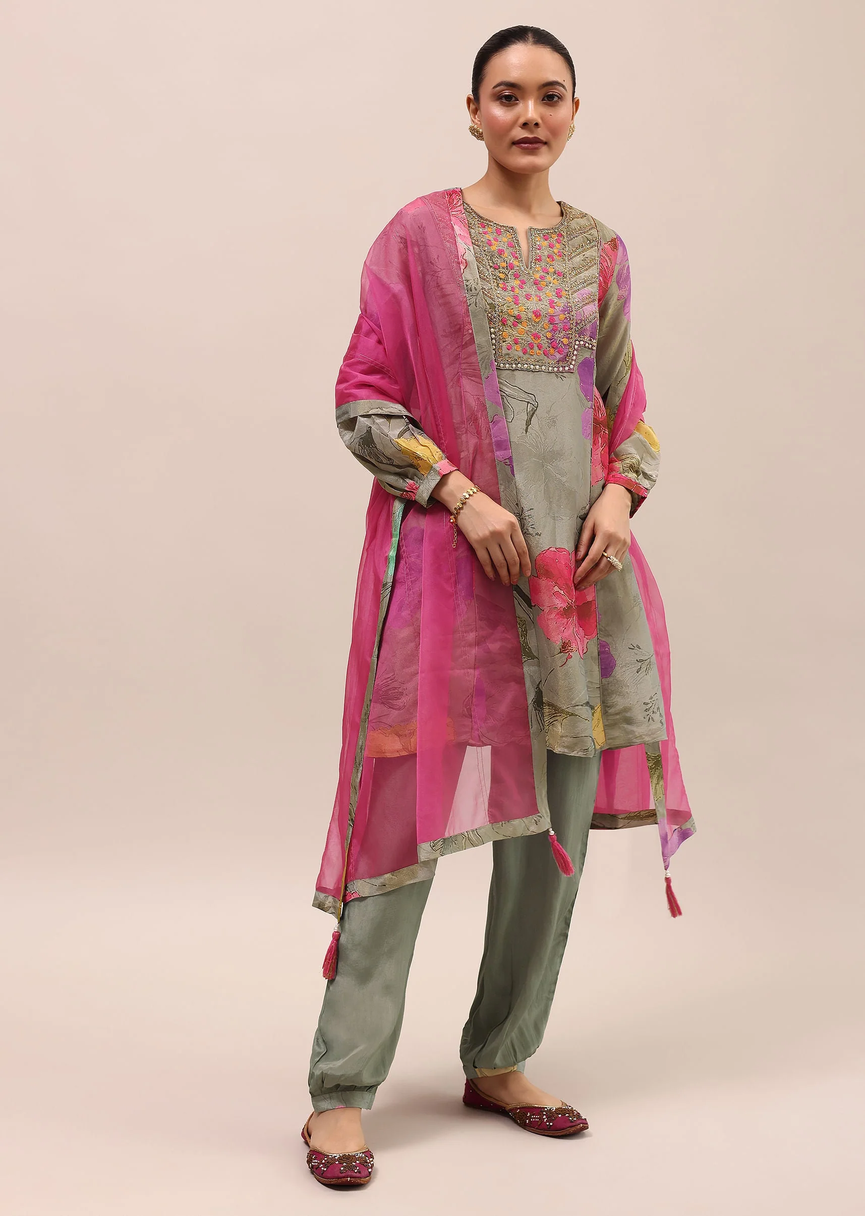 Grey And Pink Embroidered Kurta And Salwar With Dupatta - Image 3