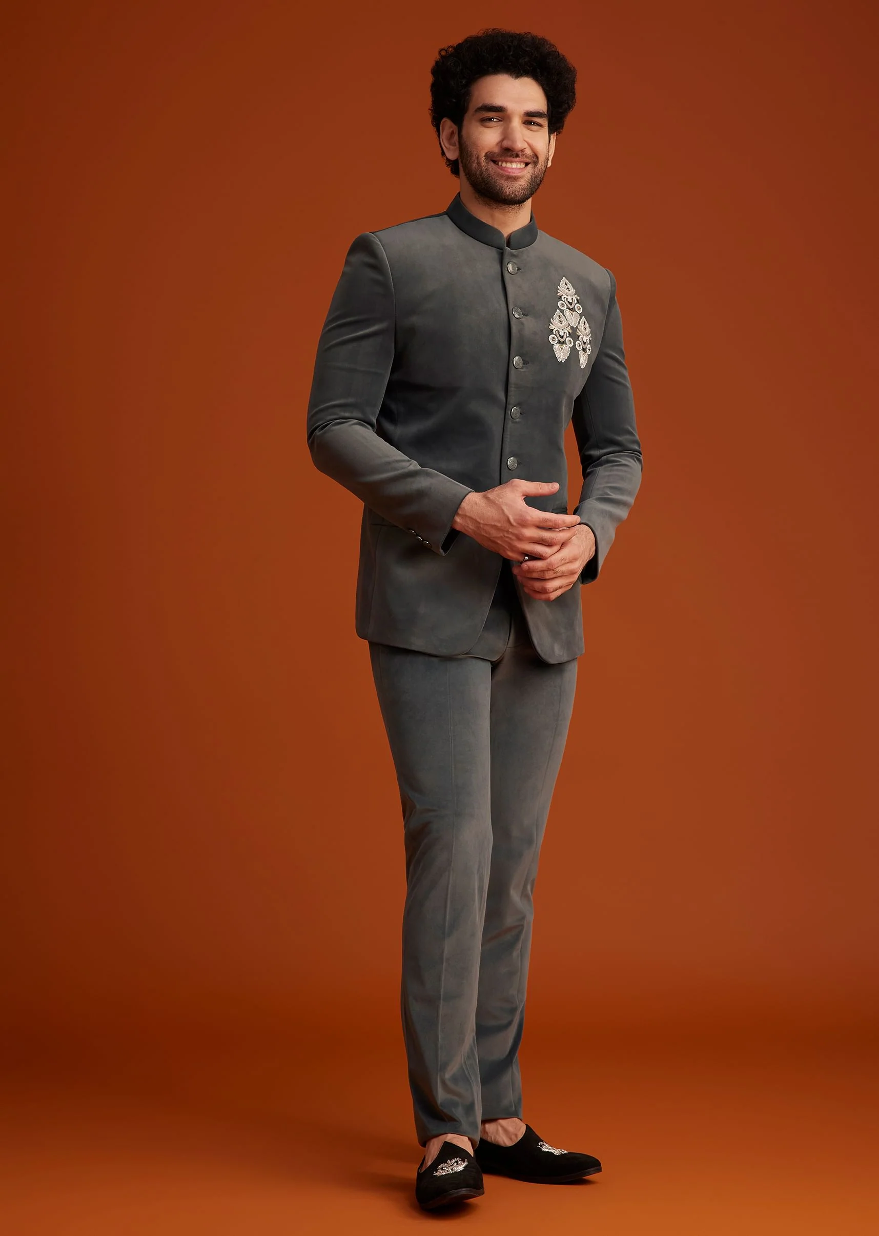 Grey Bandhgala With Embroidered Crest
