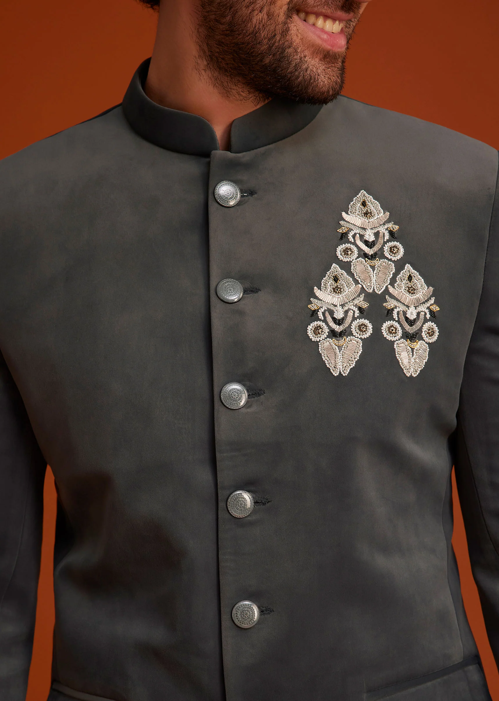 Grey Bandhgala With Embroidered Crest - Image 2