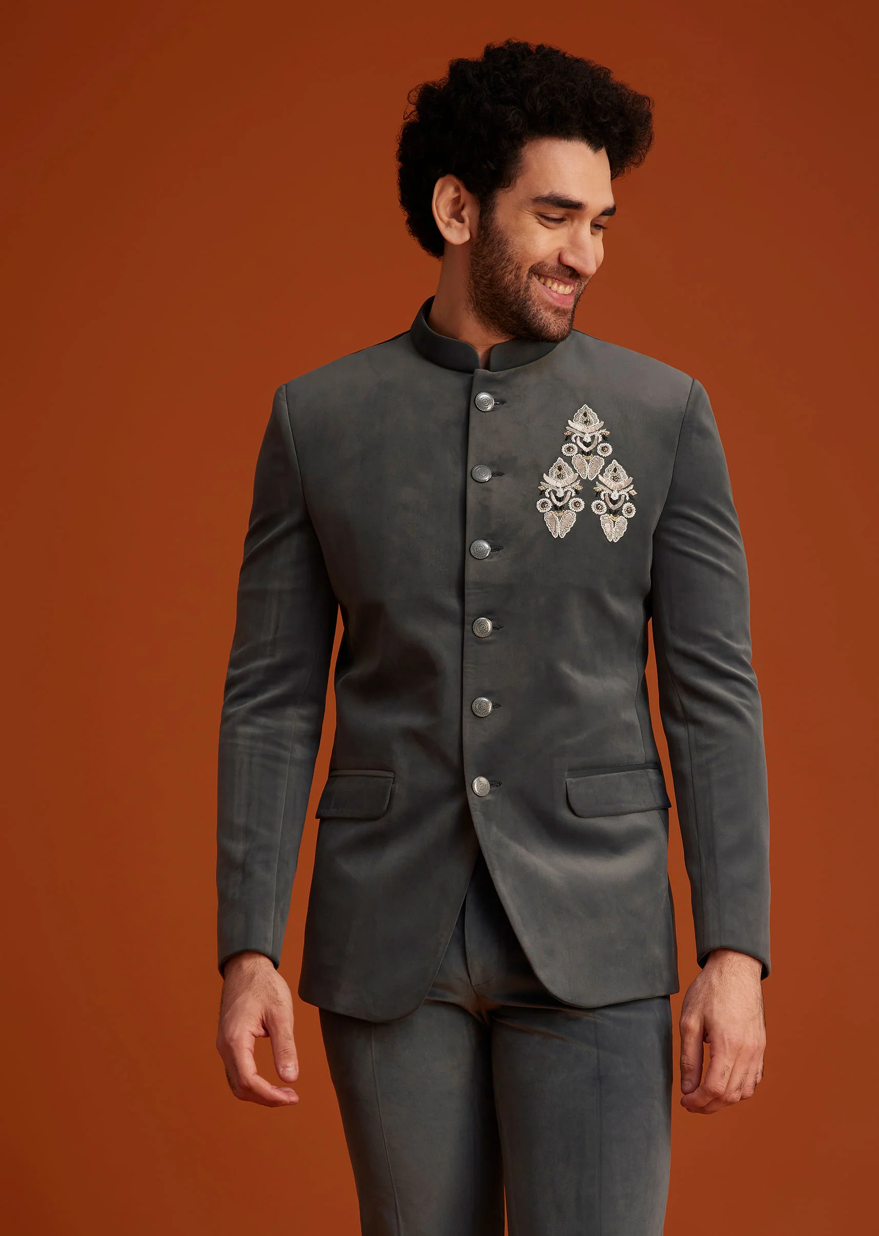 Grey Bandhgala With Embroidered Crest - Image 3