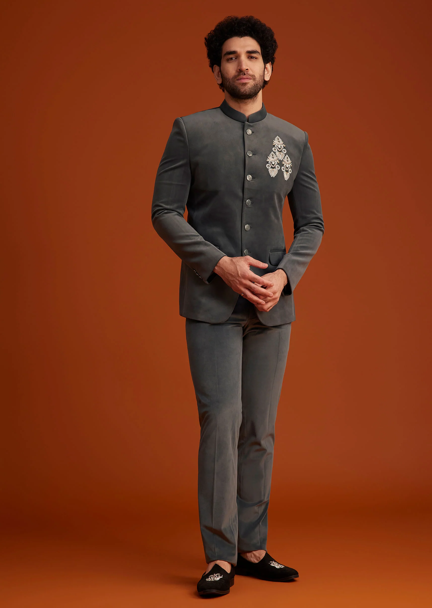 Grey Bandhgala With Embroidered Crest - Image 4