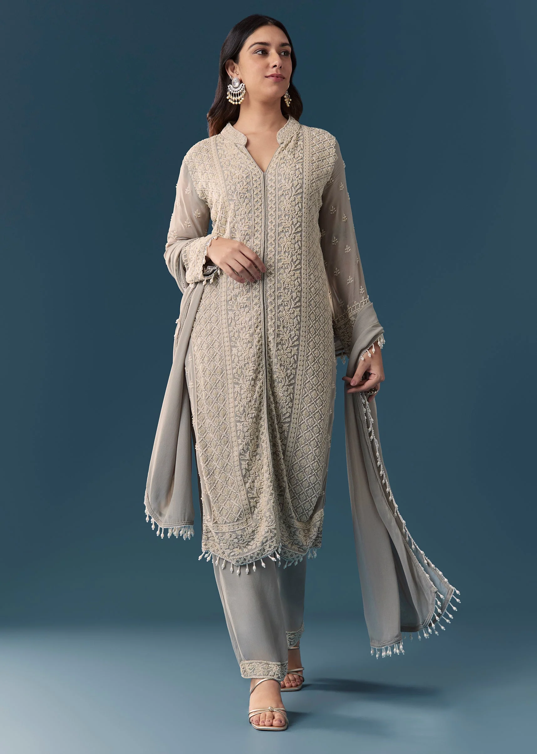 Grey Beaded Kurta Set With Pant And Dupatta - Image 3