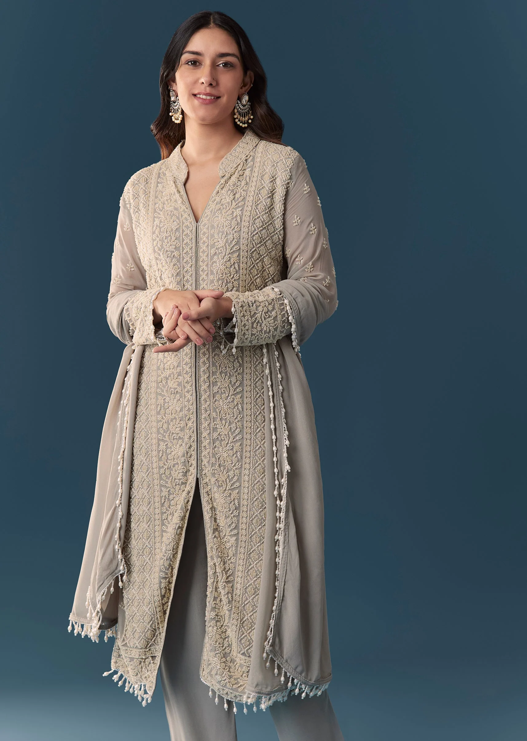 Grey Beaded Kurta Set With Pant And Dupatta - Image 4
