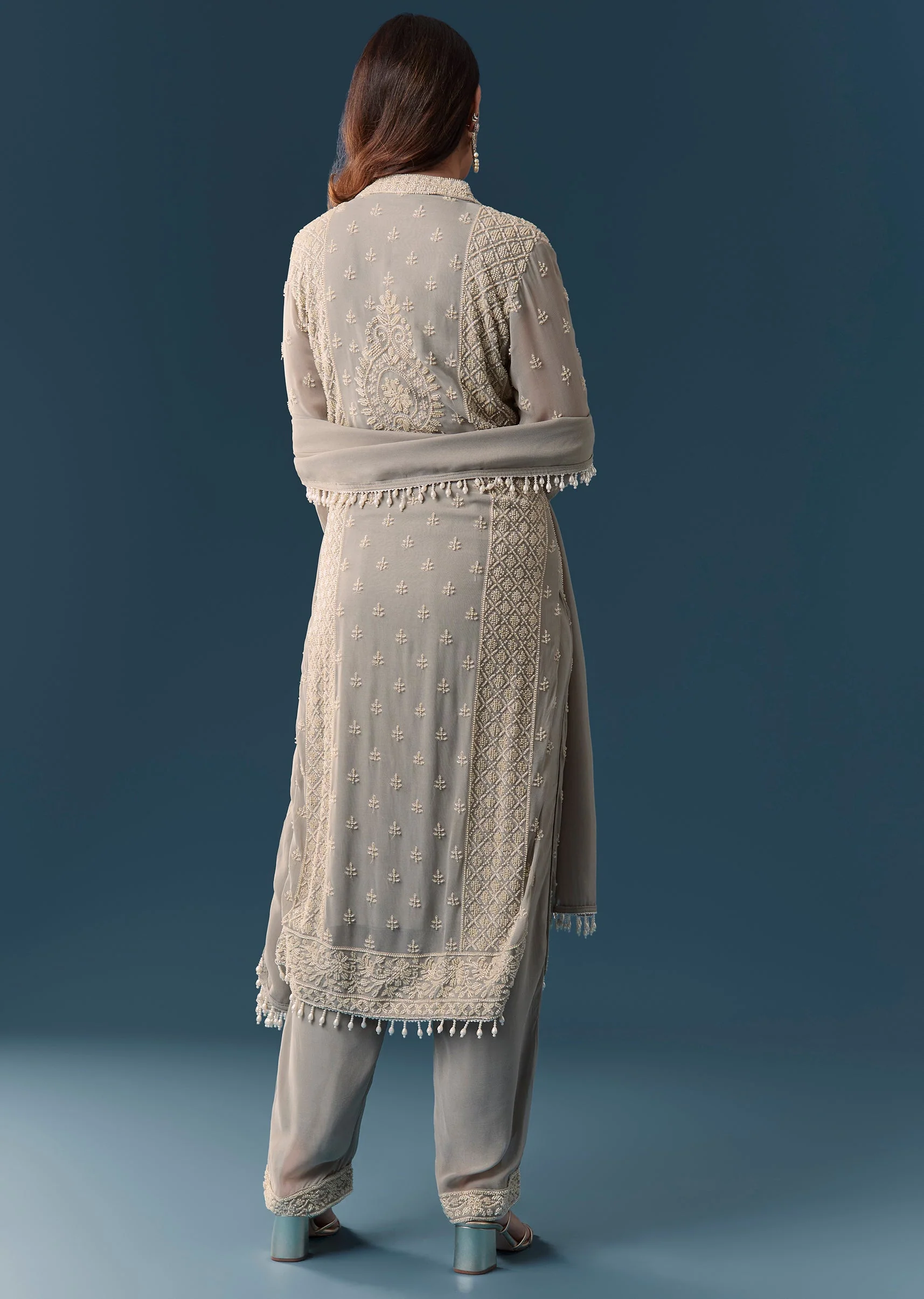 Grey Beaded Kurta Set With Pant And Dupatta - Image 5