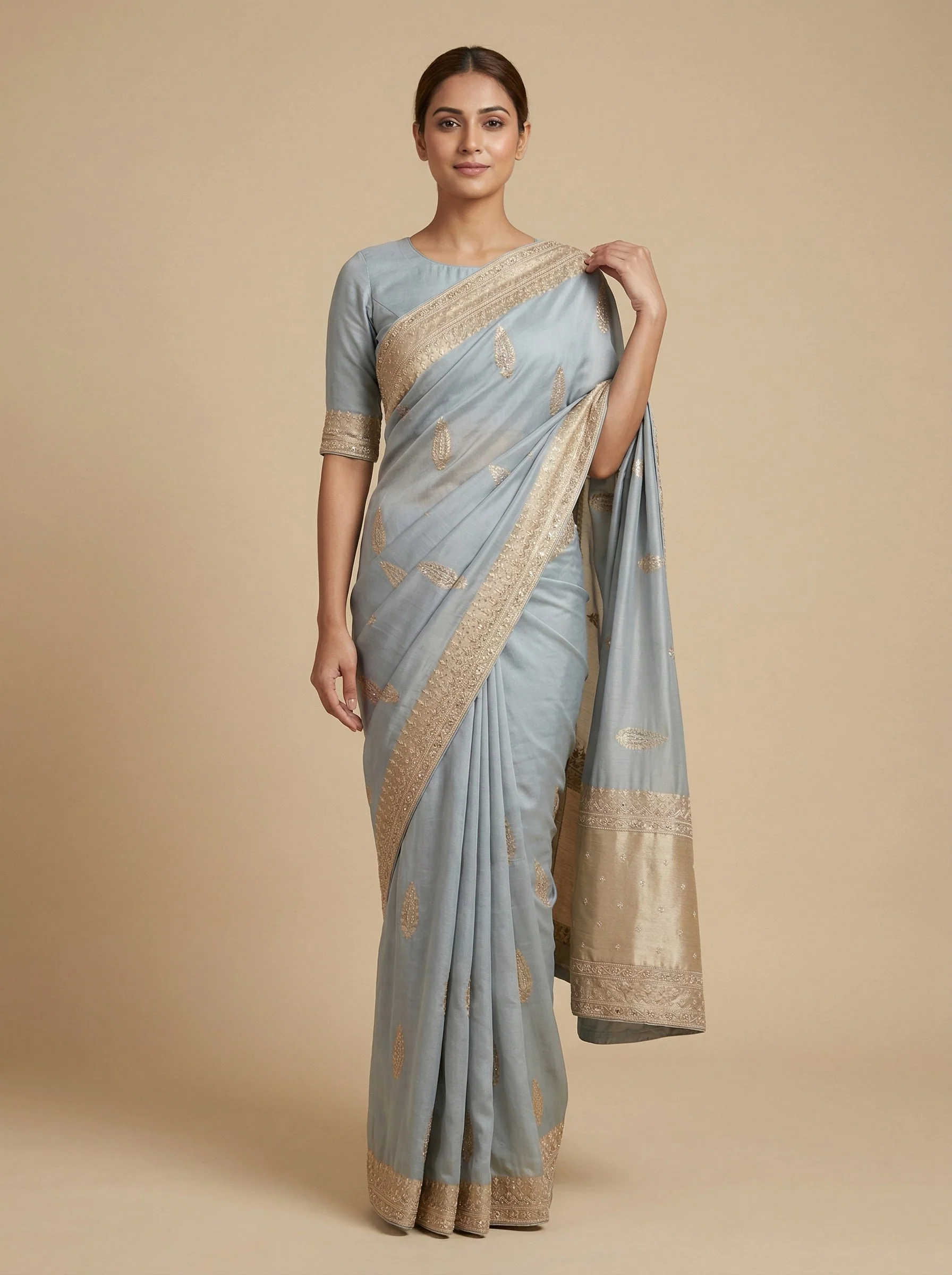 Grey Buffed Embroidered Saree