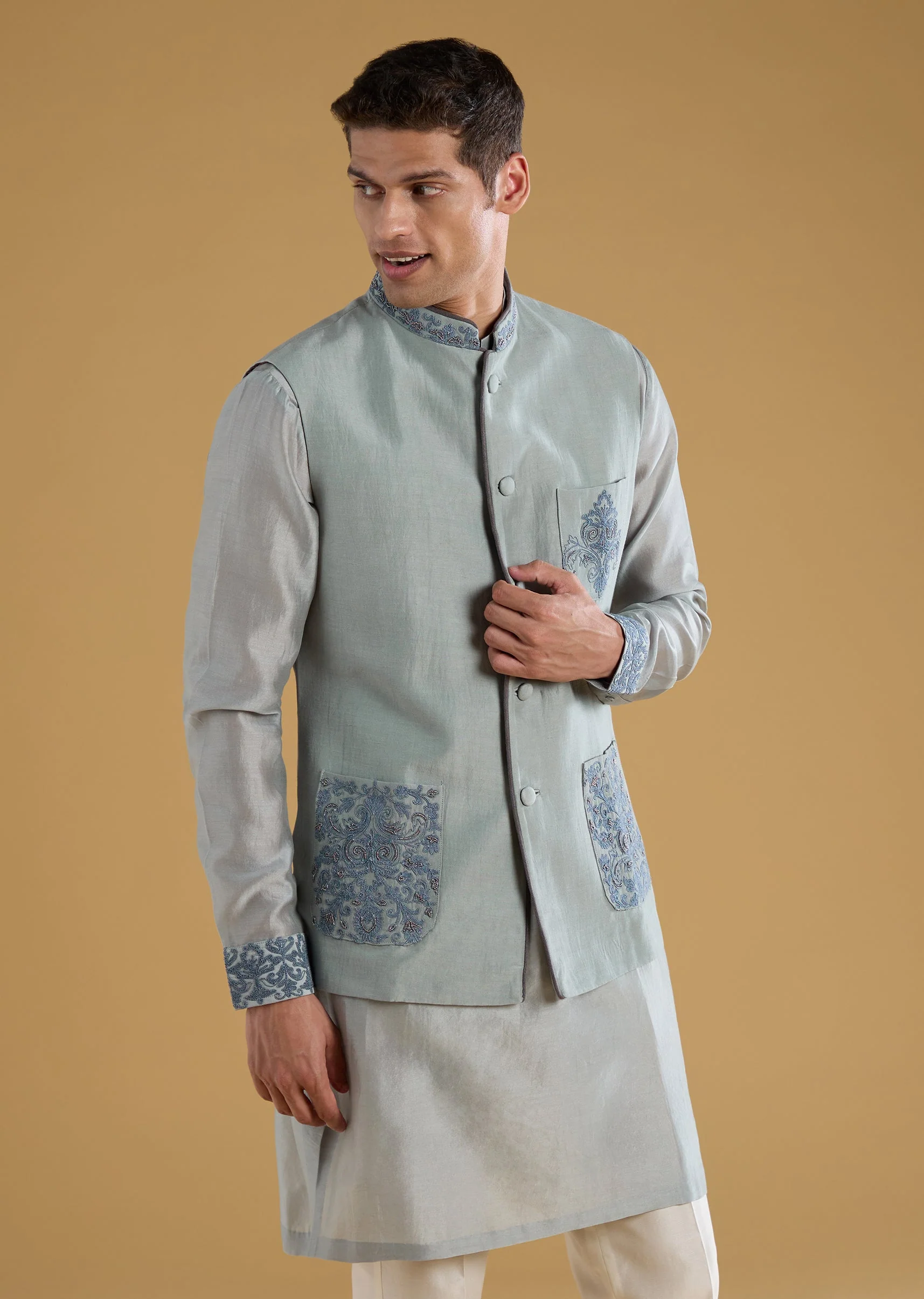 Grey Chanderi Silk Embroidered Mens Jacket Kurta Set - Image 4