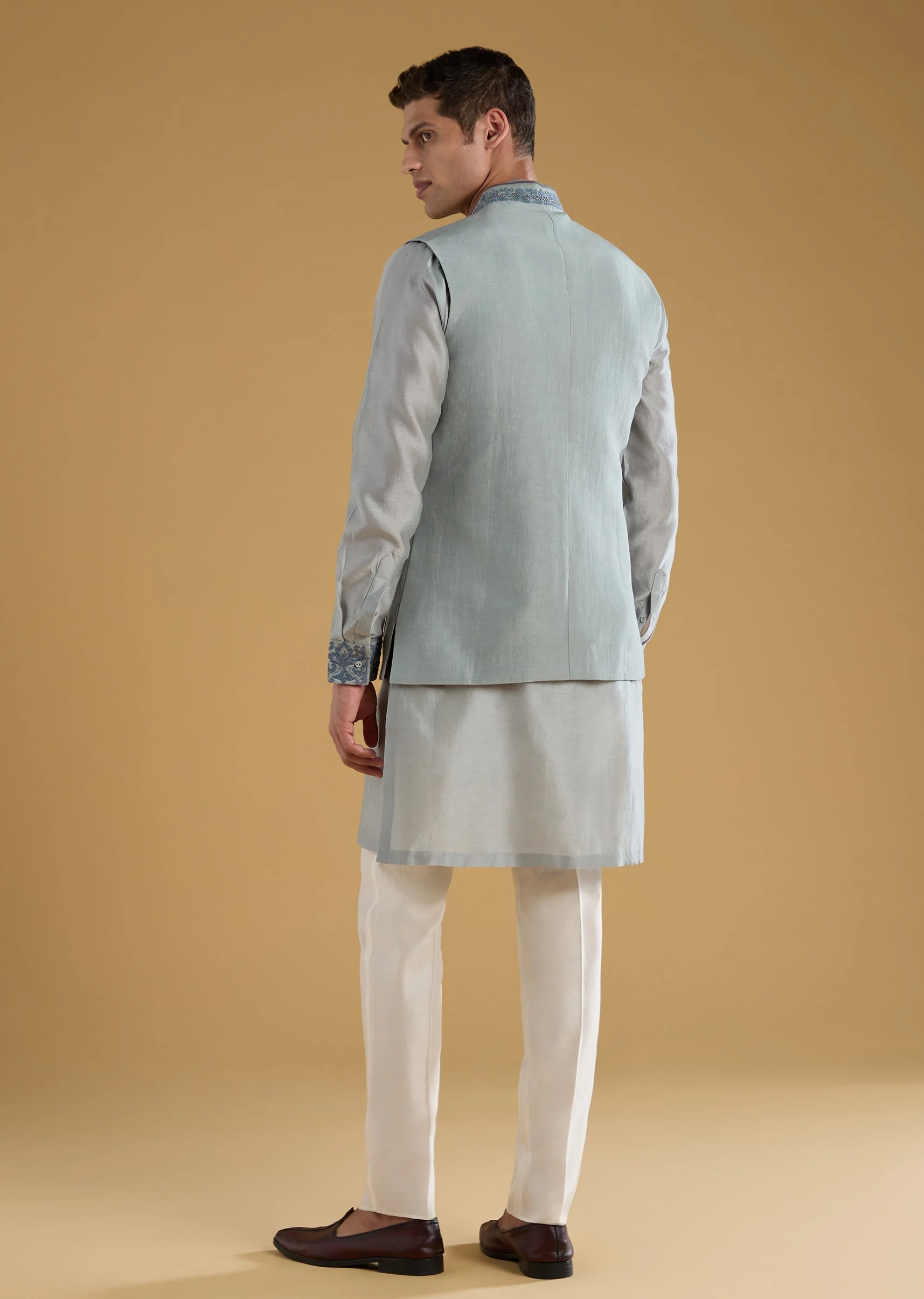 Grey Chanderi Silk Embroidered Mens Jacket Kurta Set - Image 5