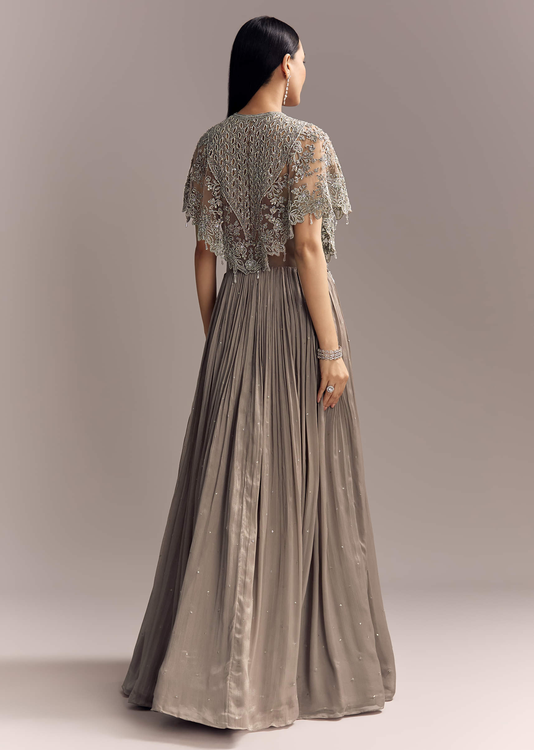 Grey Chinon Contemporary Gown With Embroidered Cape - Image 5