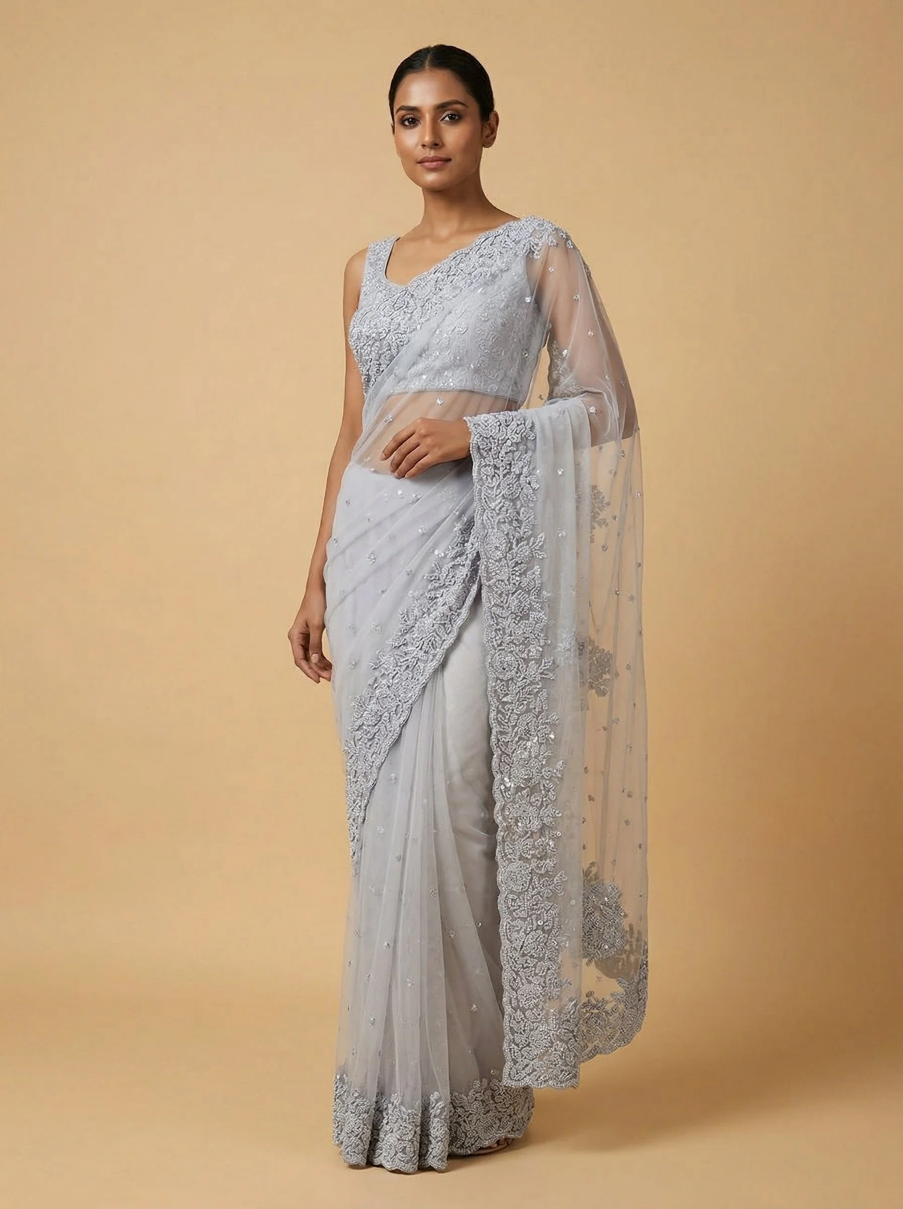 Grey Clean Embroidered Saree
