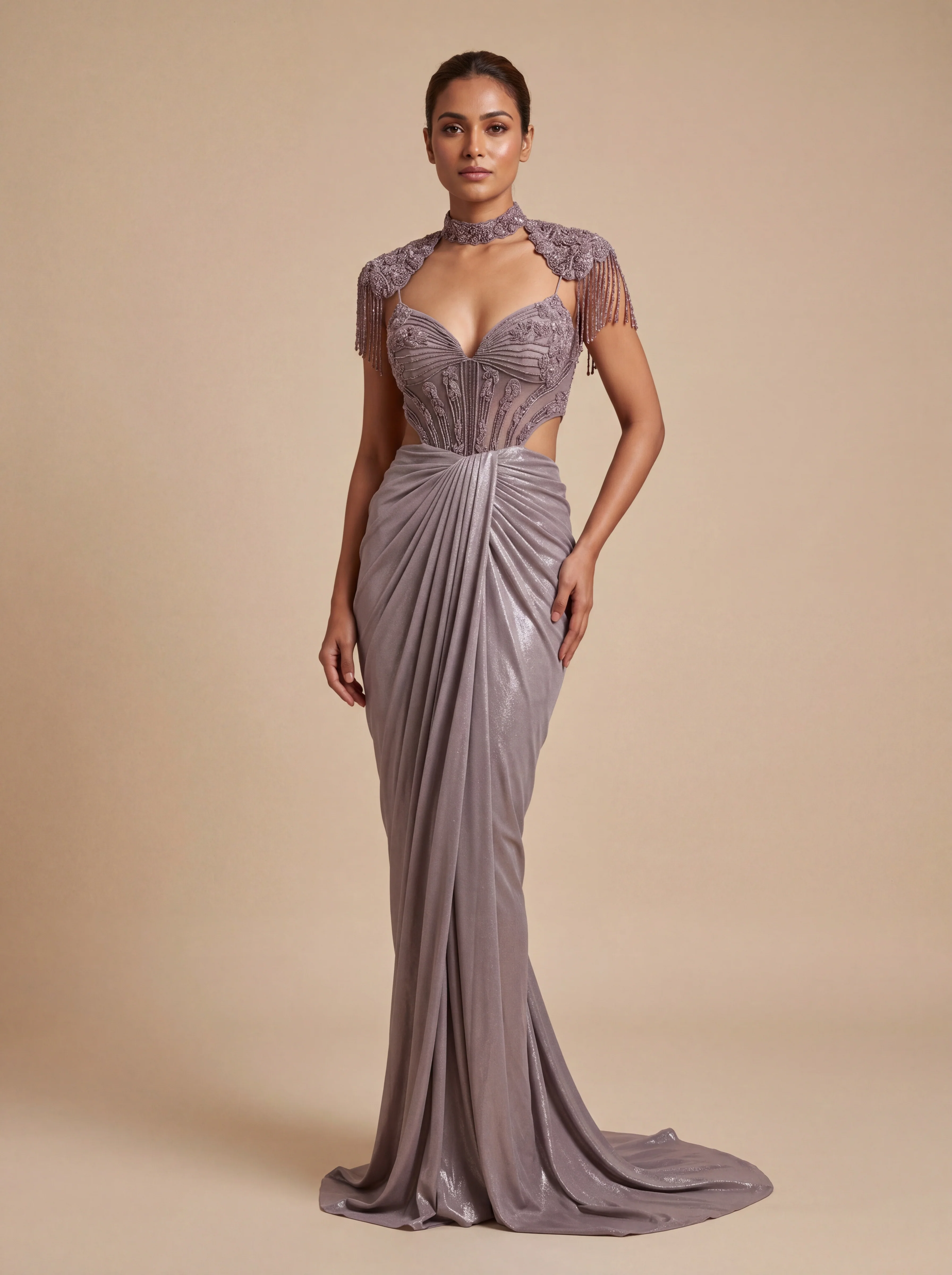 Grey Contemporary Bridal Gown With Sculpted Drape Elegance