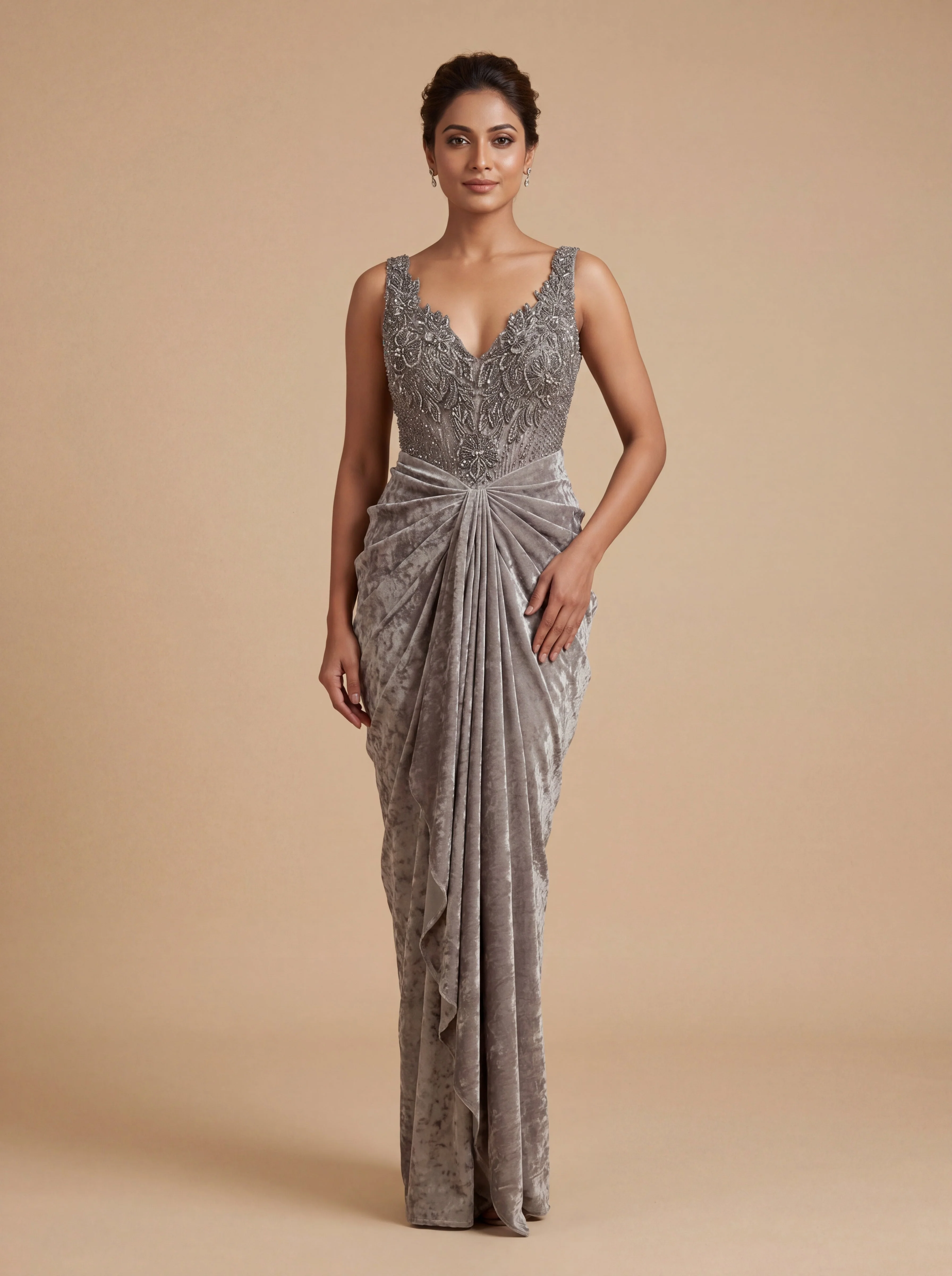 Grey Contemporary Gown With Draped SareeStyle Silhouette
