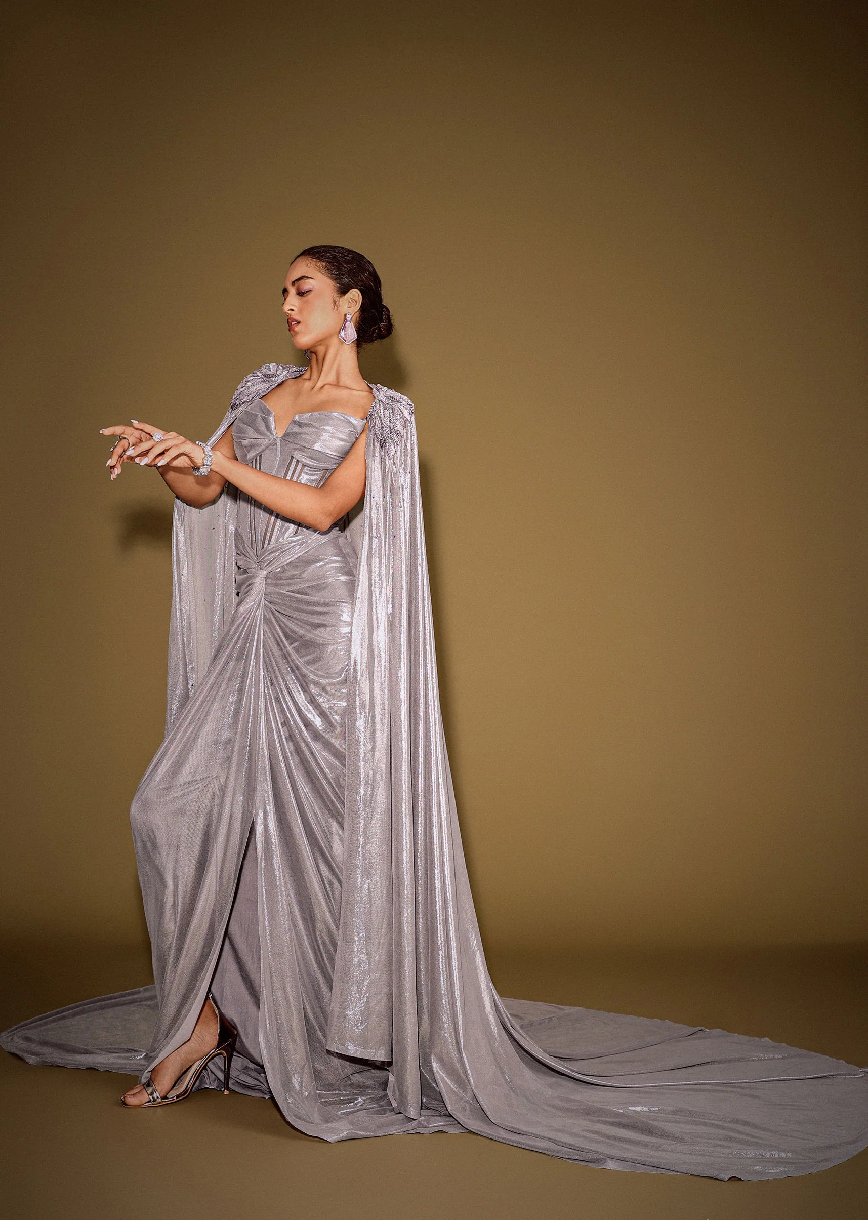 Grey Corset Drape Gown Paired With Embroidered Cape - Image 4