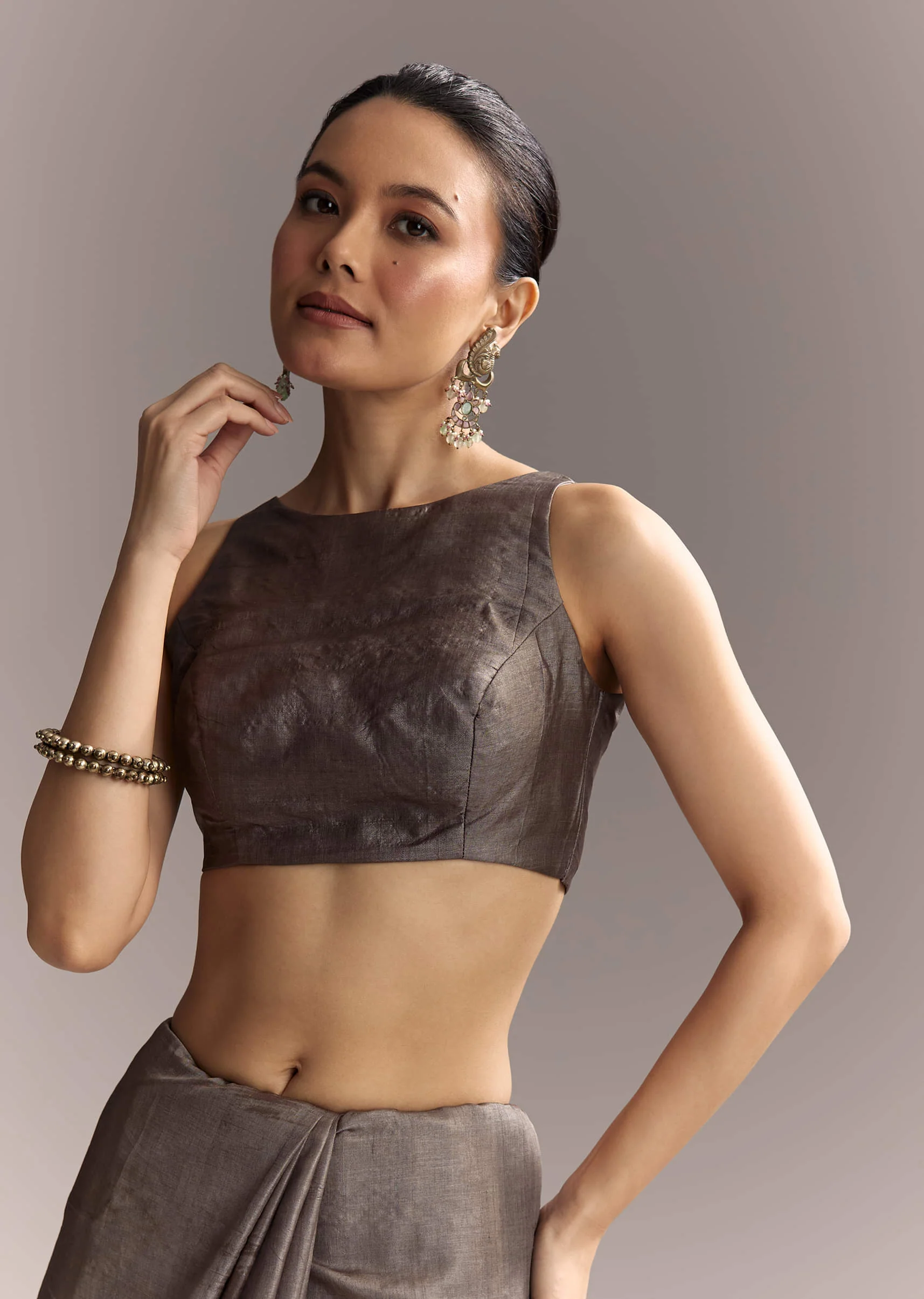 Grey Cotton Hand Painted Saree With Contrast Border - Image 7