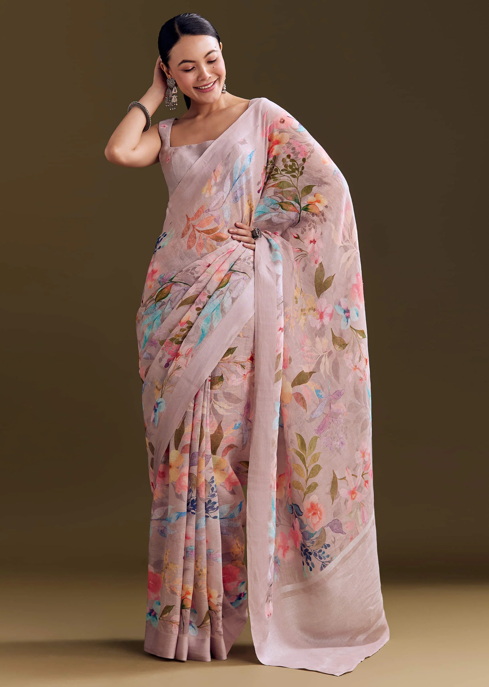 Grey Cotton Linen Saree With Pastel Blooms - Image 2