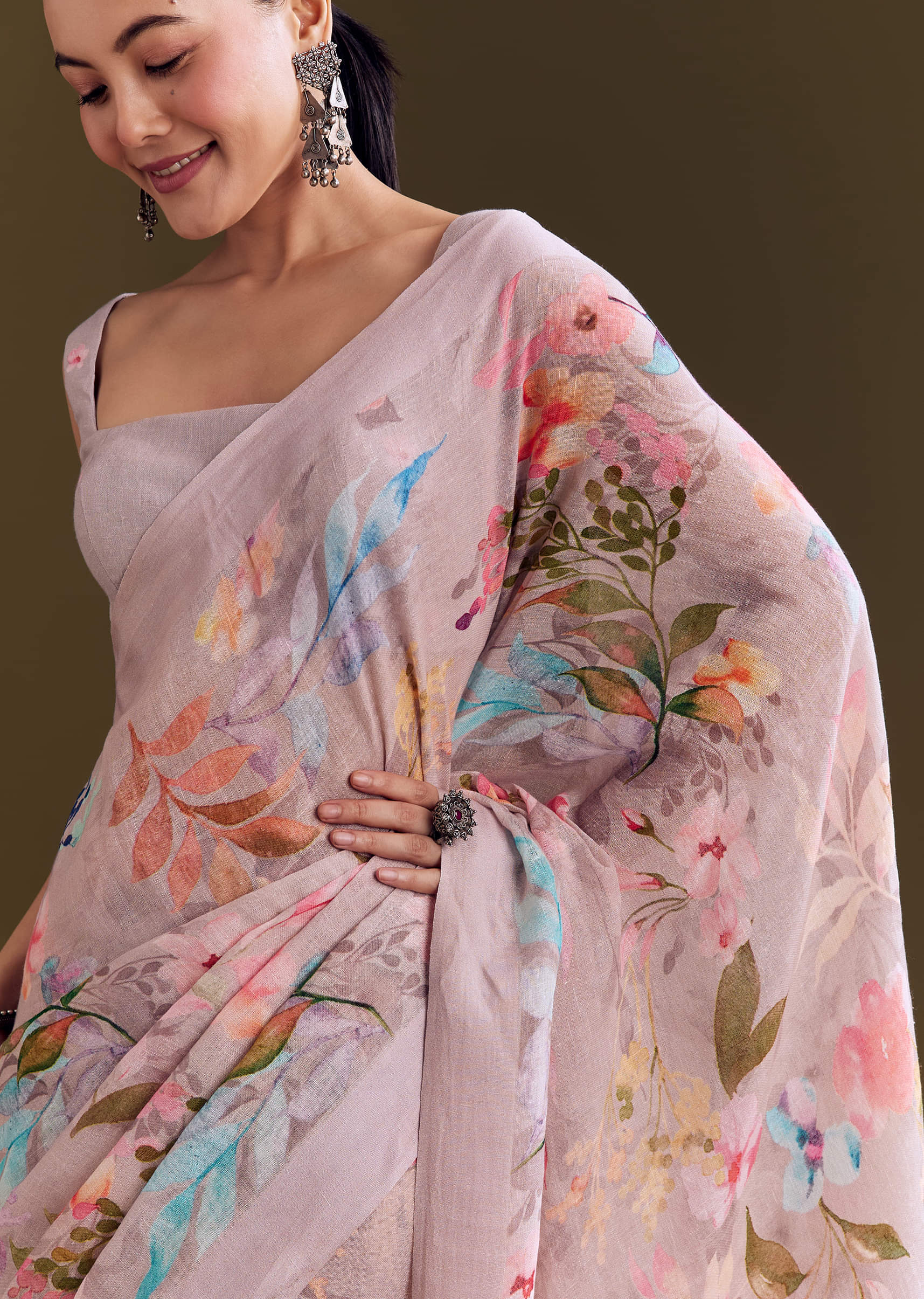 Grey Cotton Linen Saree With Pastel Blooms - Image 3