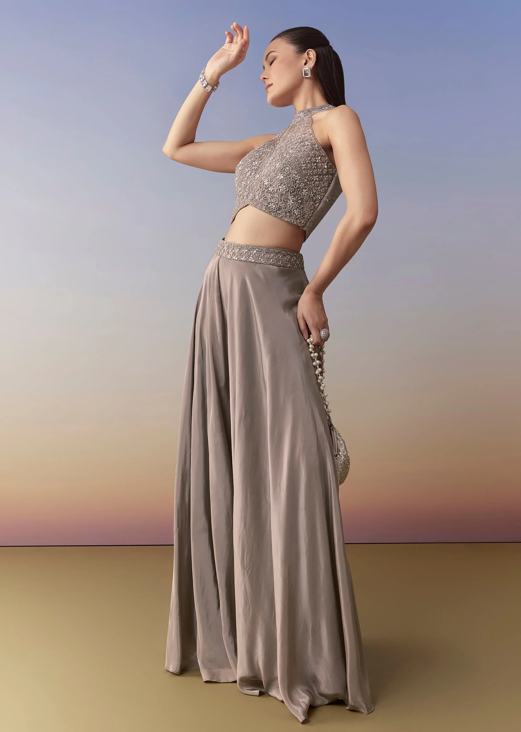 Grey Crepe Sequin Embellished Crop Top Palazzo Set