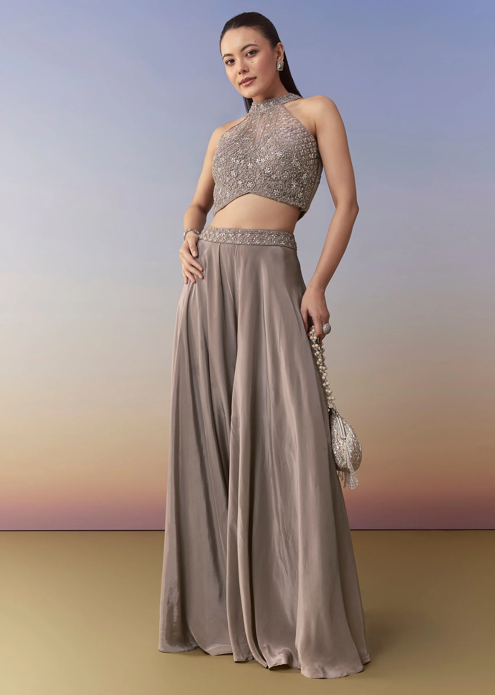 Grey Crepe Sequin Embellished Crop Top Palazzo Set - Image 3