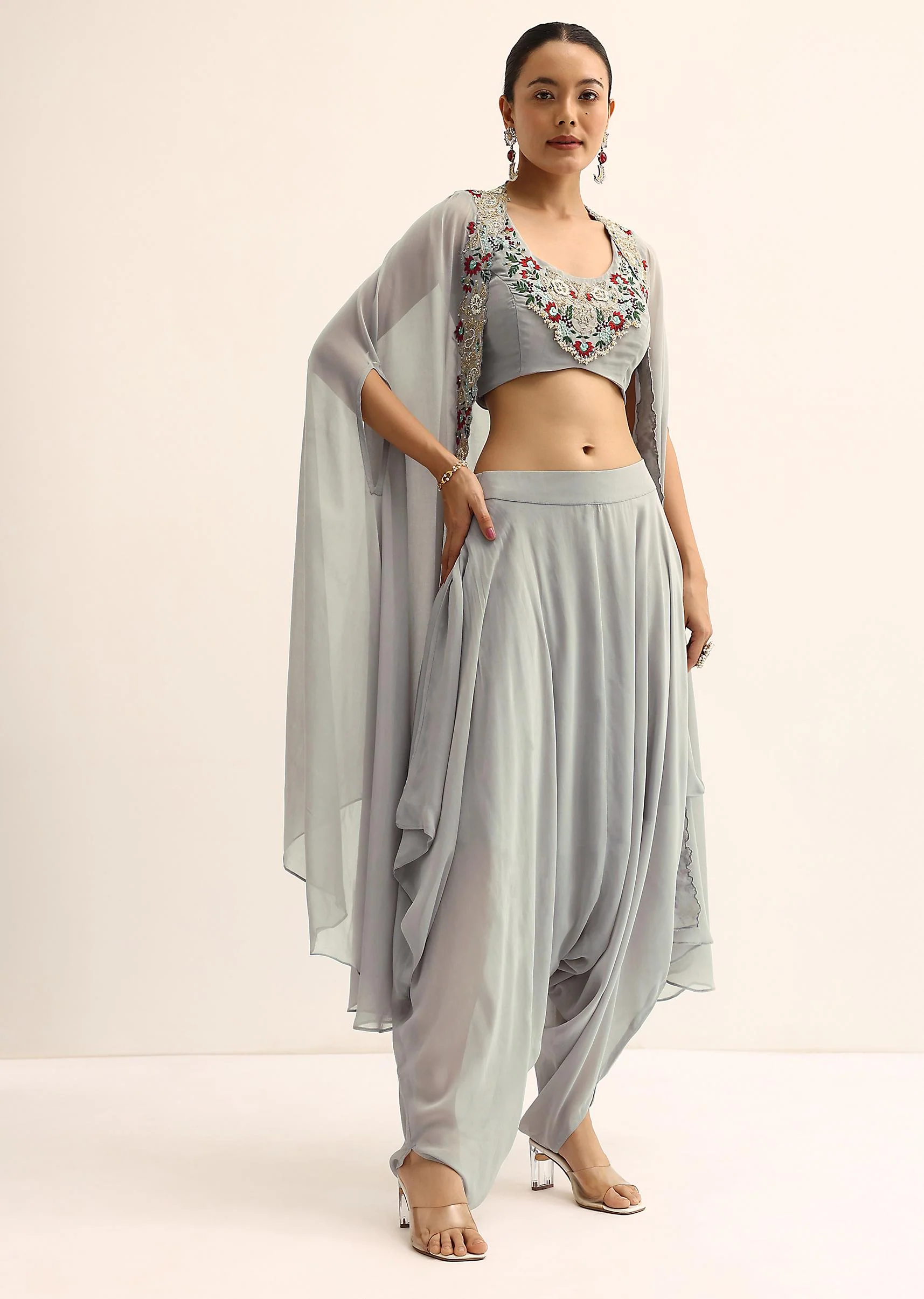 Grey Crop Top With Dhoti And Jacket - Image 3