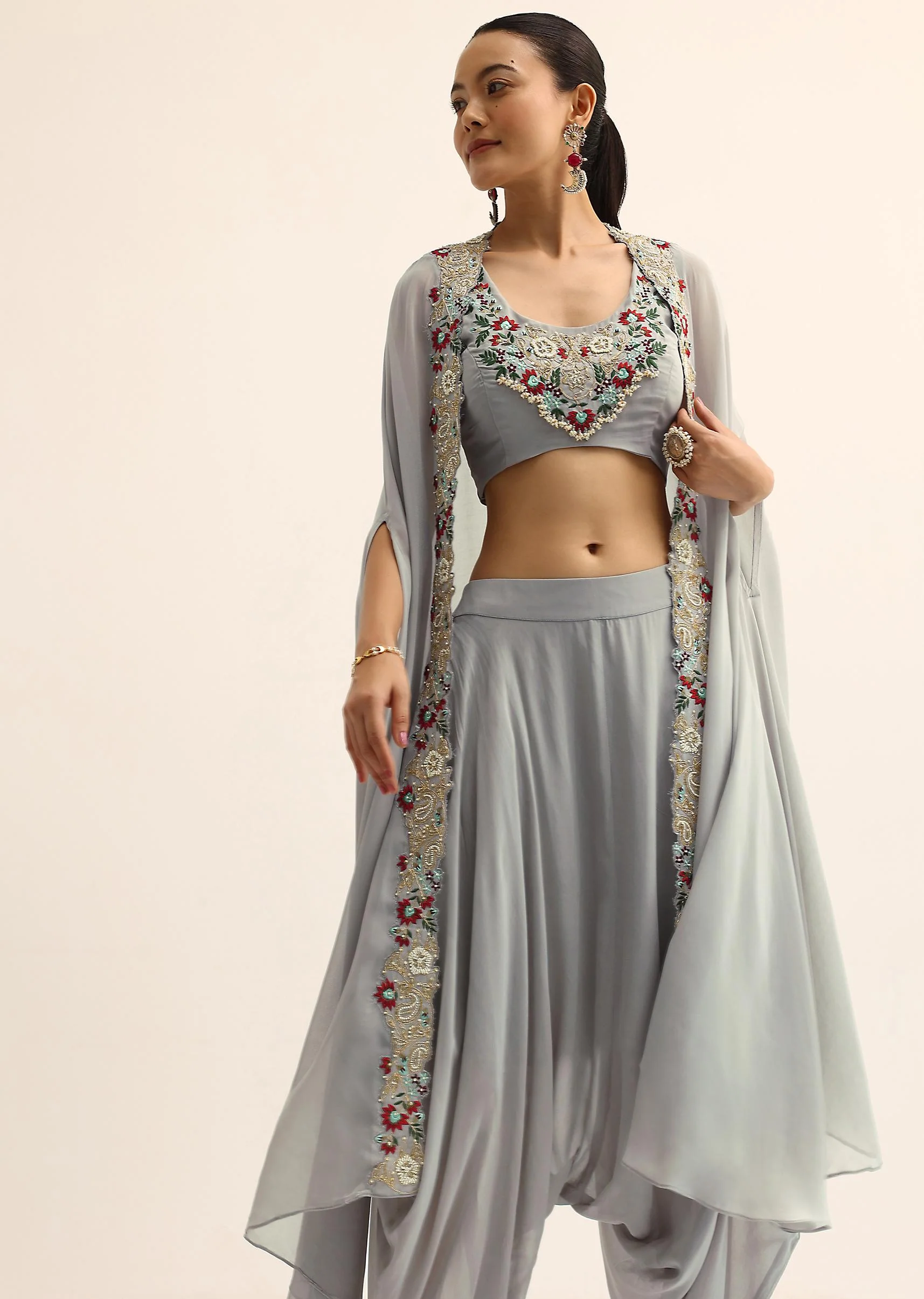 Grey Crop Top With Dhoti And Jacket - Image 4