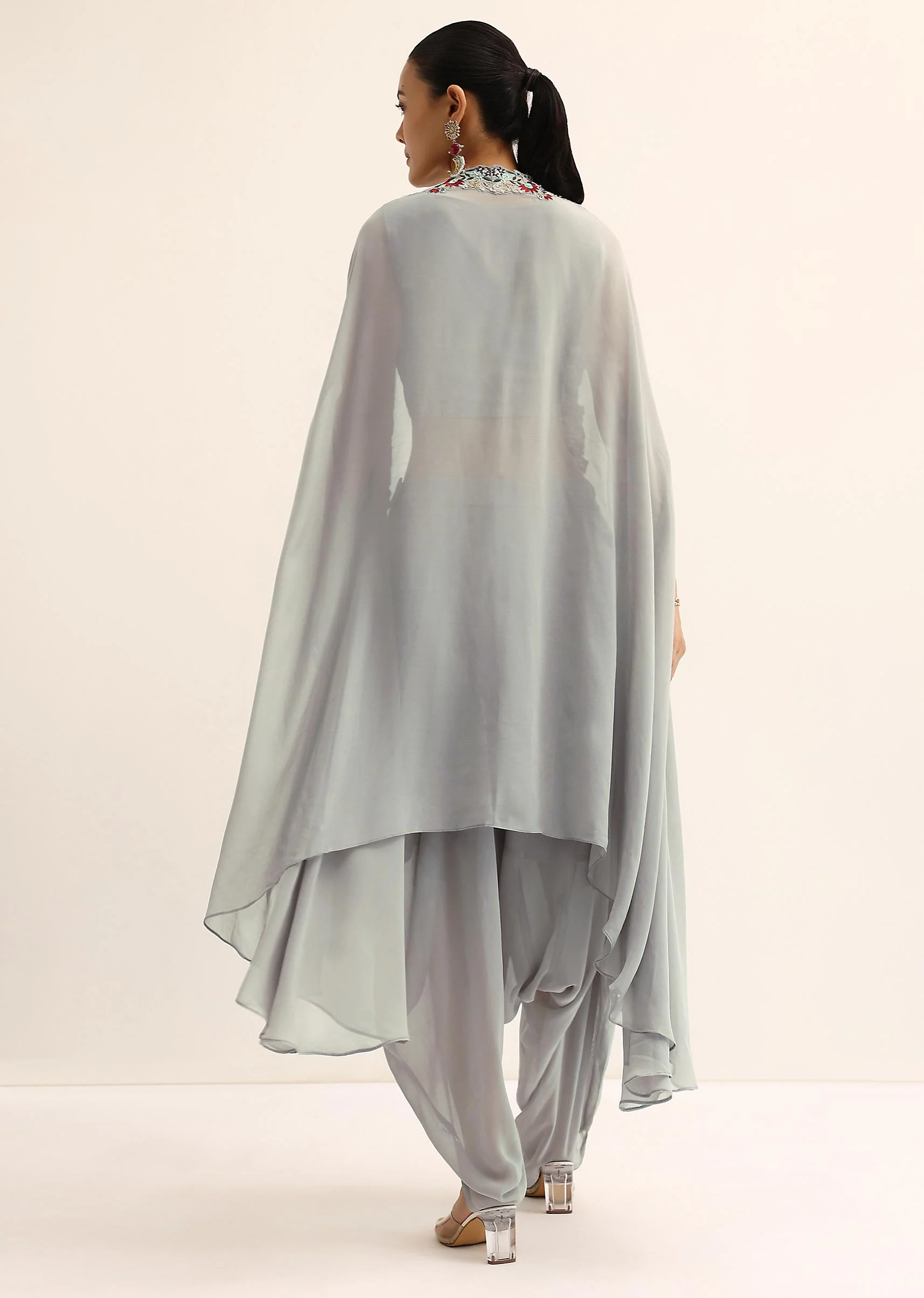Grey Crop Top With Dhoti And Jacket - Image 5