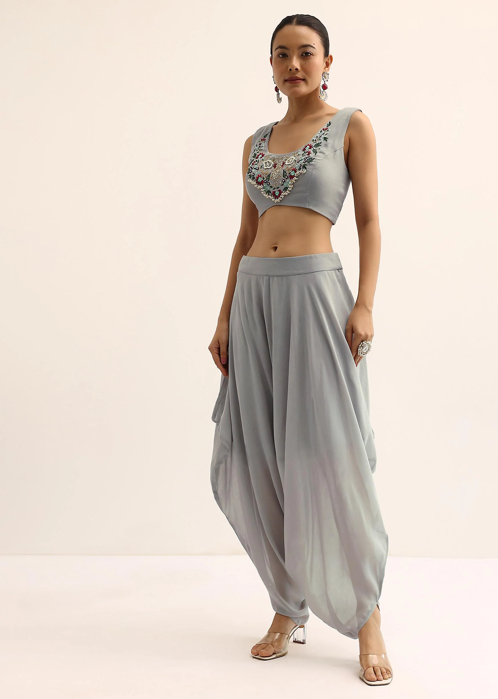Grey Crop Top With Dhoti And Jacket - Image 6