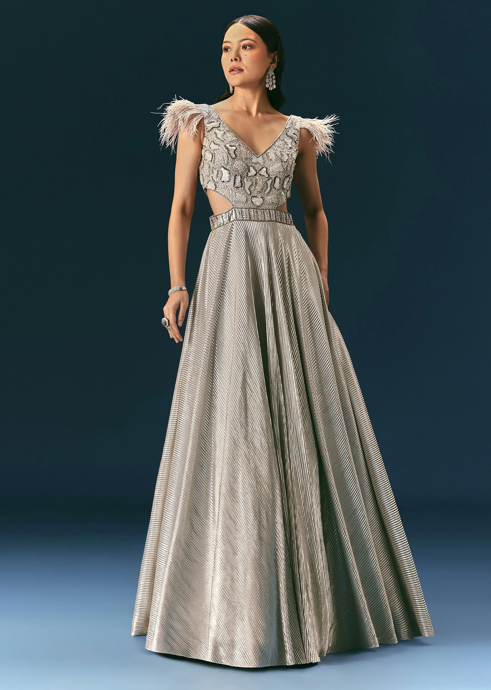 Grey Crushed Flared Gown With Hand Embroidery - Image 3