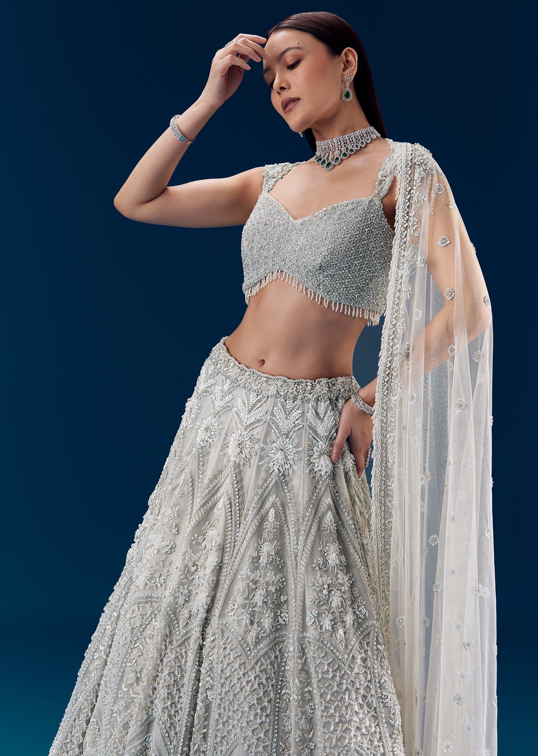 Grey Crystal Embellished Bridal Lehenga Set - Image 5
