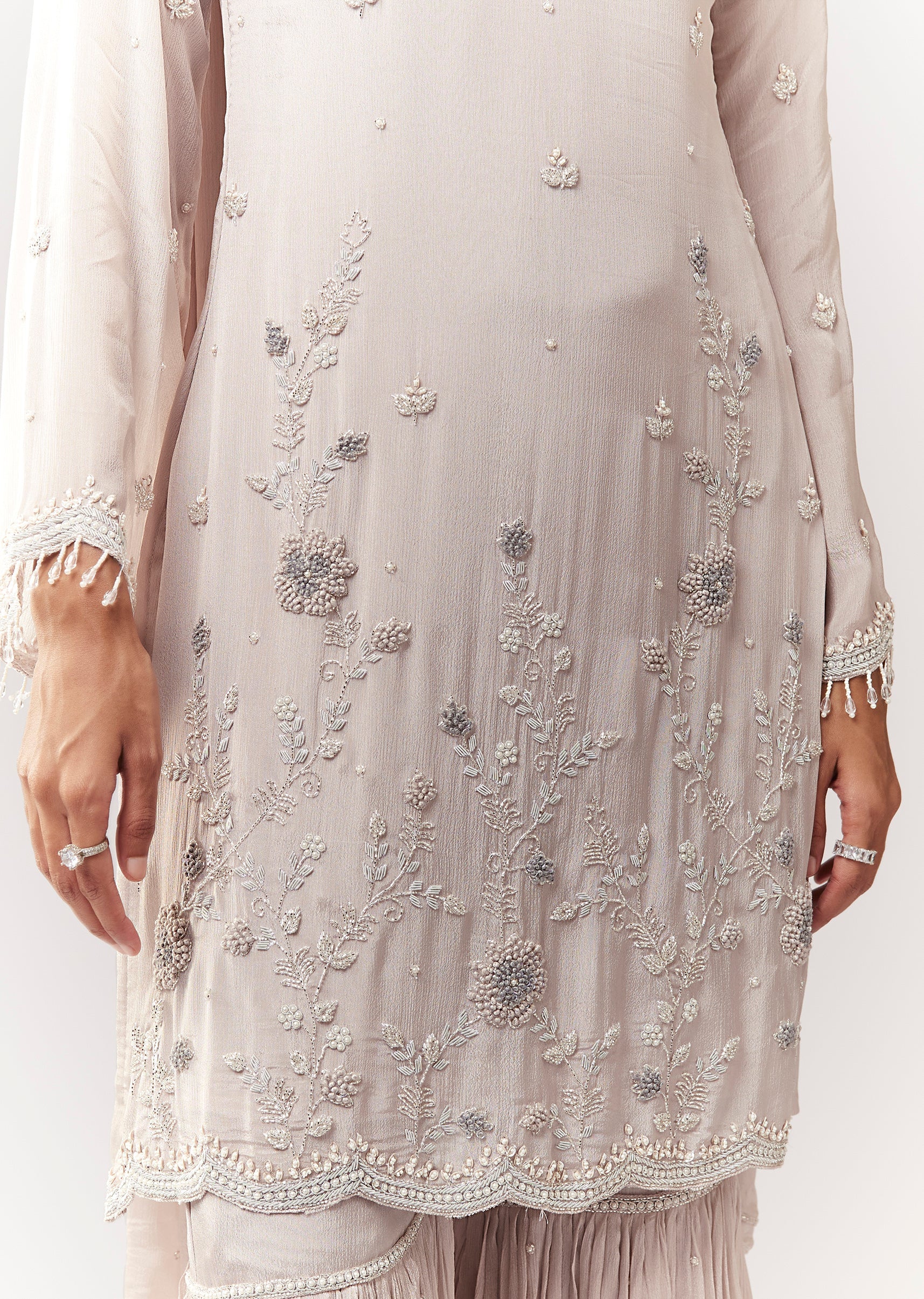 Grey Cutdana And French Knot Kurta Sharara Set With Dupatta - Image 2