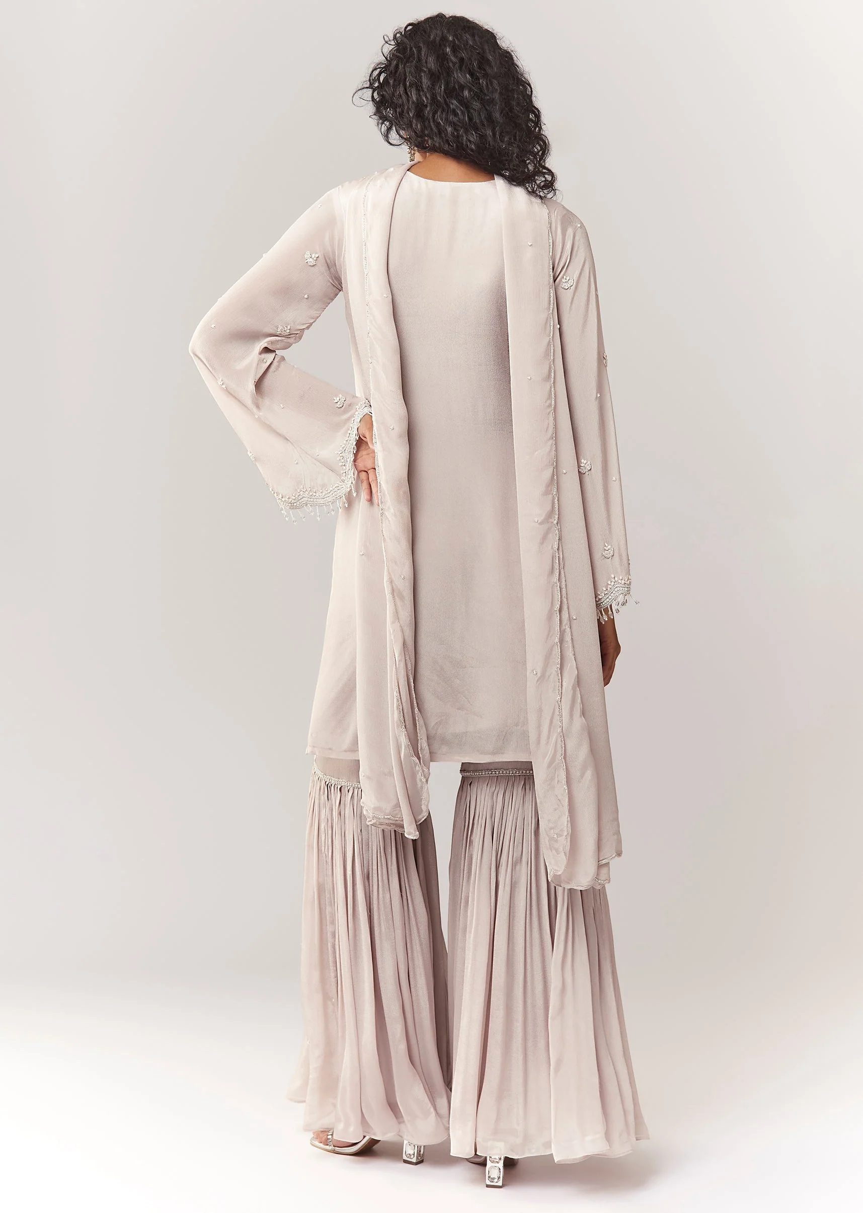 Grey Cutdana And French Knot Kurta Sharara Set With Dupatta - Image 5