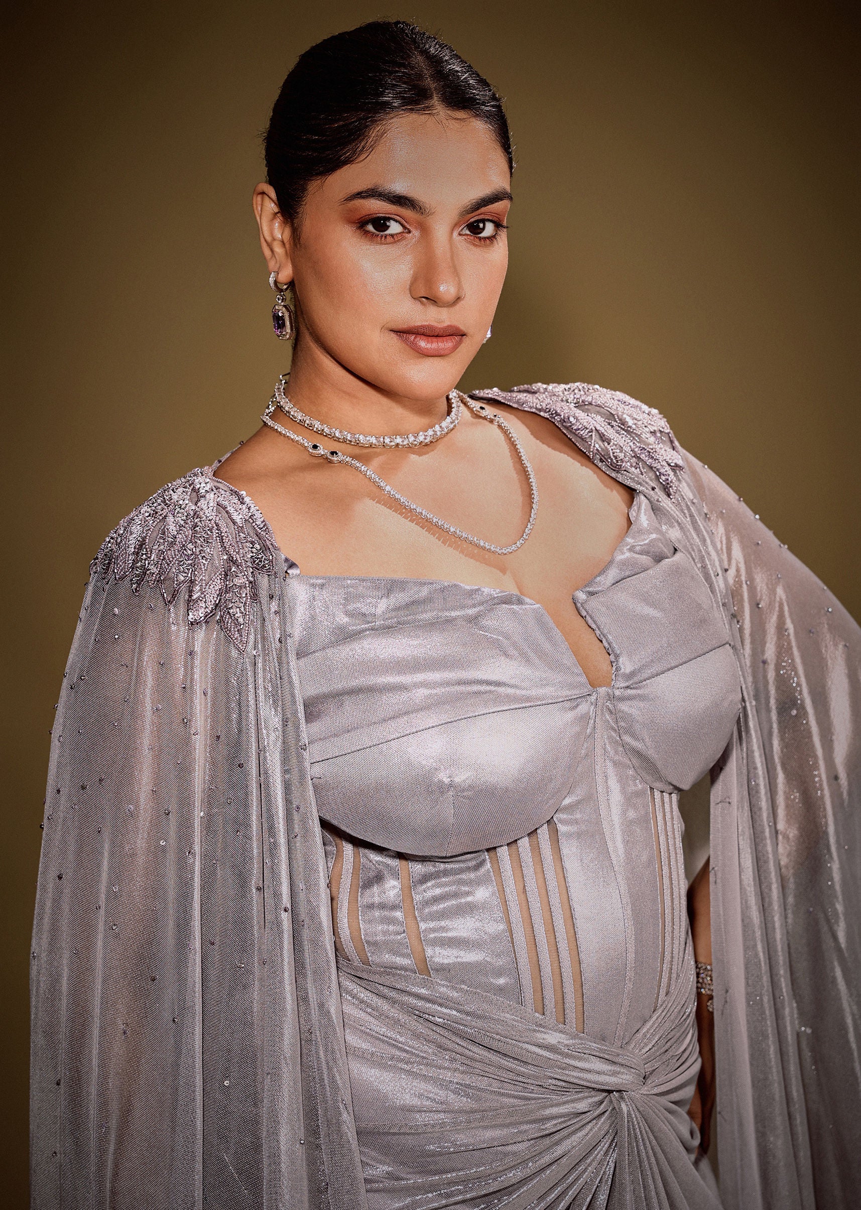 Grey Draped Corset Gown With Embroidered Cape In Net Fabric - Image 2