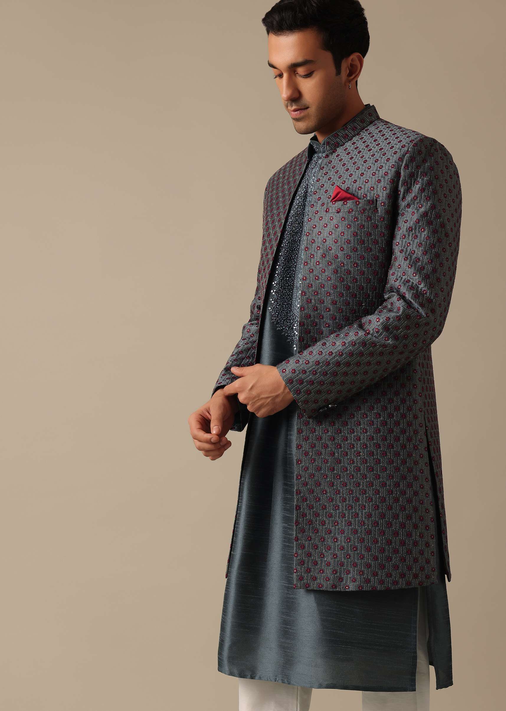 Grey Dupion Silk Sherwani Set With Mirror Work - Image 2