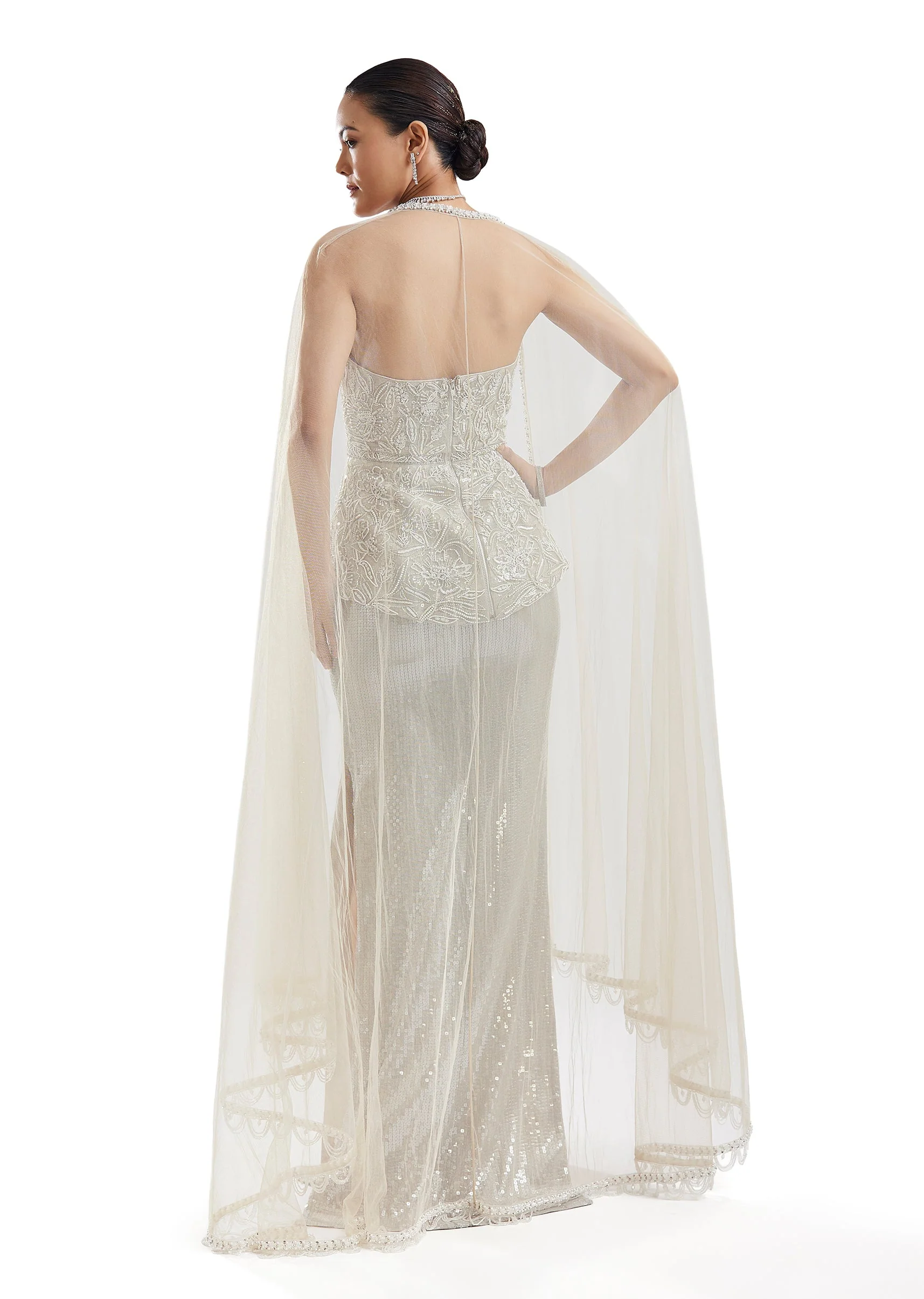 Grey Embellished Corset Skirt Set With Cape - Image 2