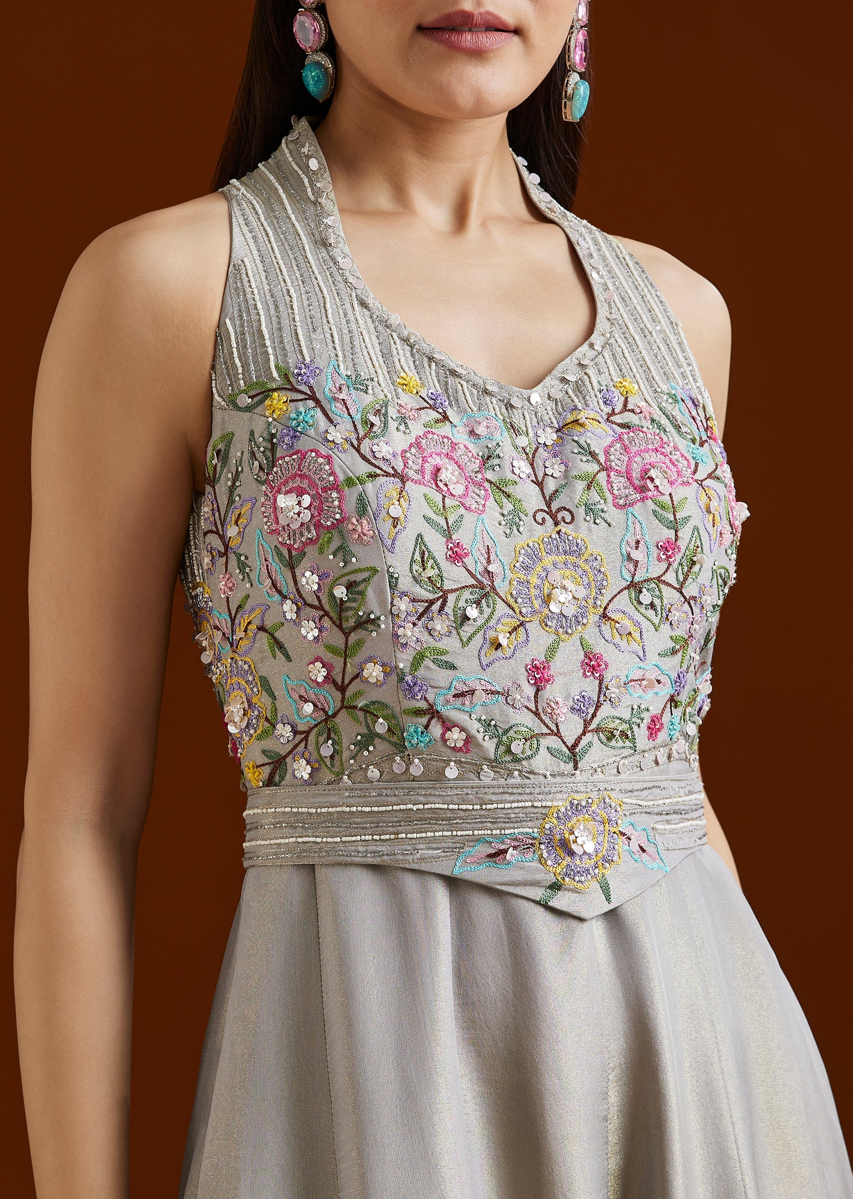 Grey Embellished Tissue Jumpsuit With Belt - Image 2