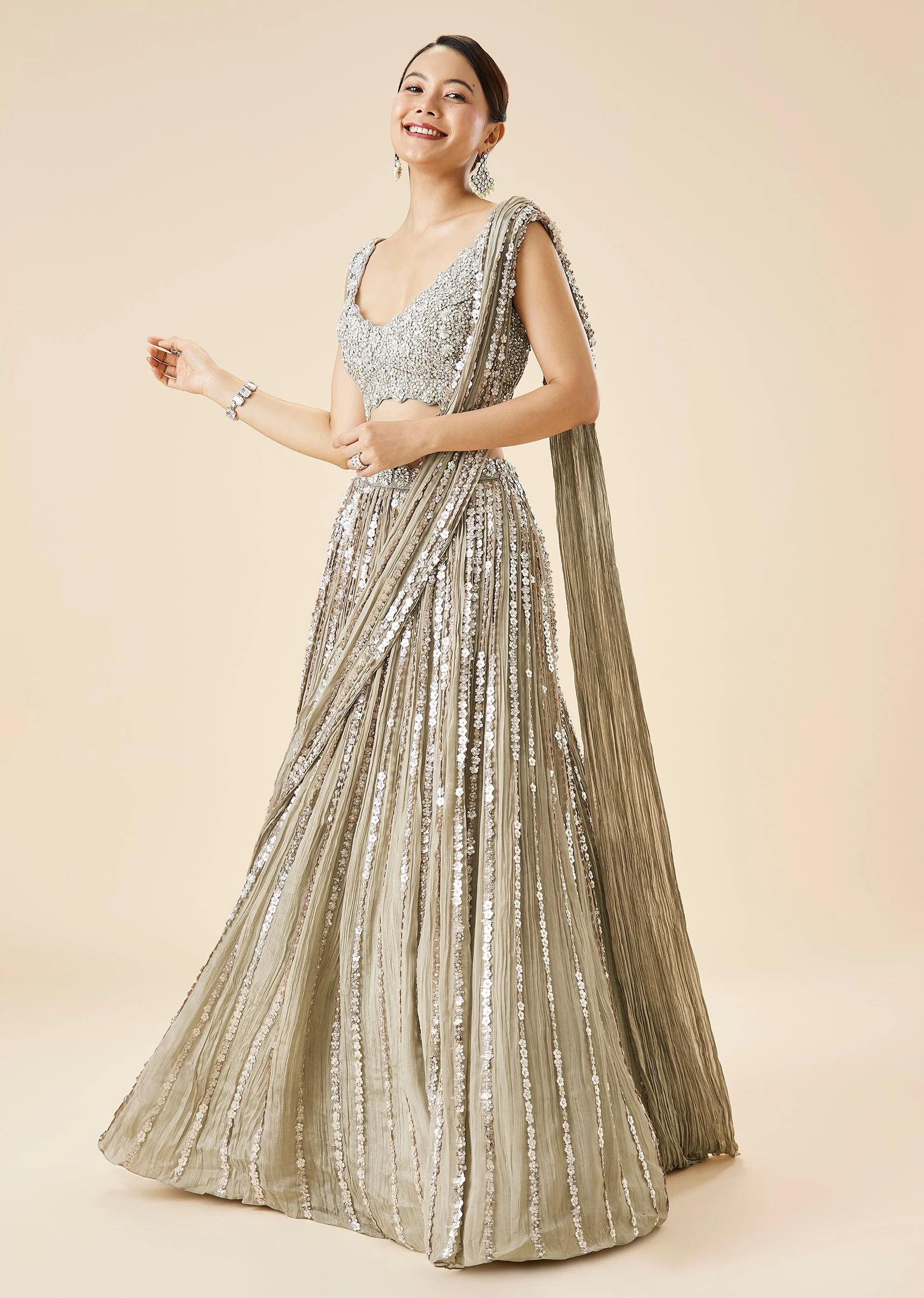 Grey Embroidered Fusion Lehenga Set