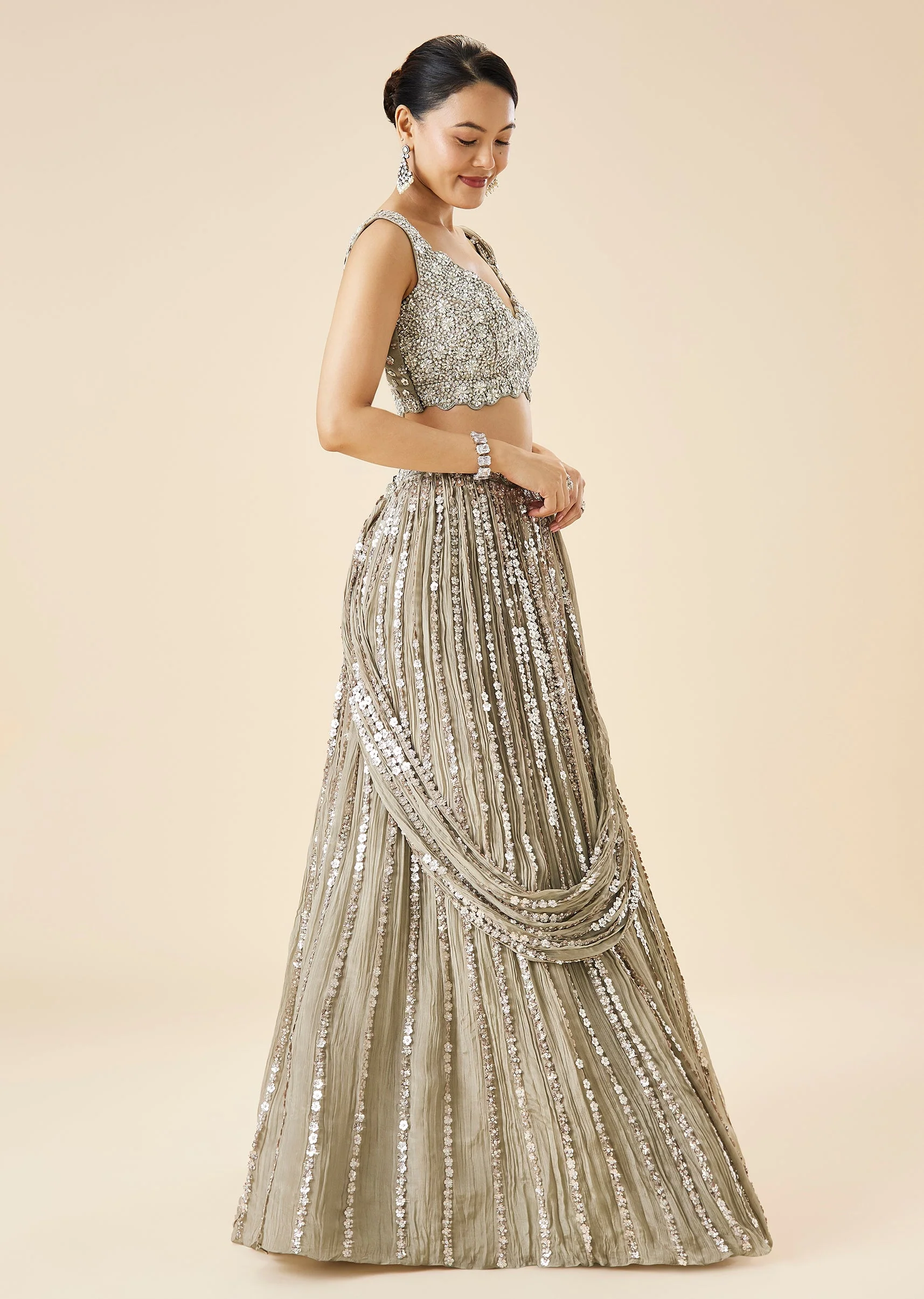 Grey Embroidered Fusion Lehenga Set - Image 4