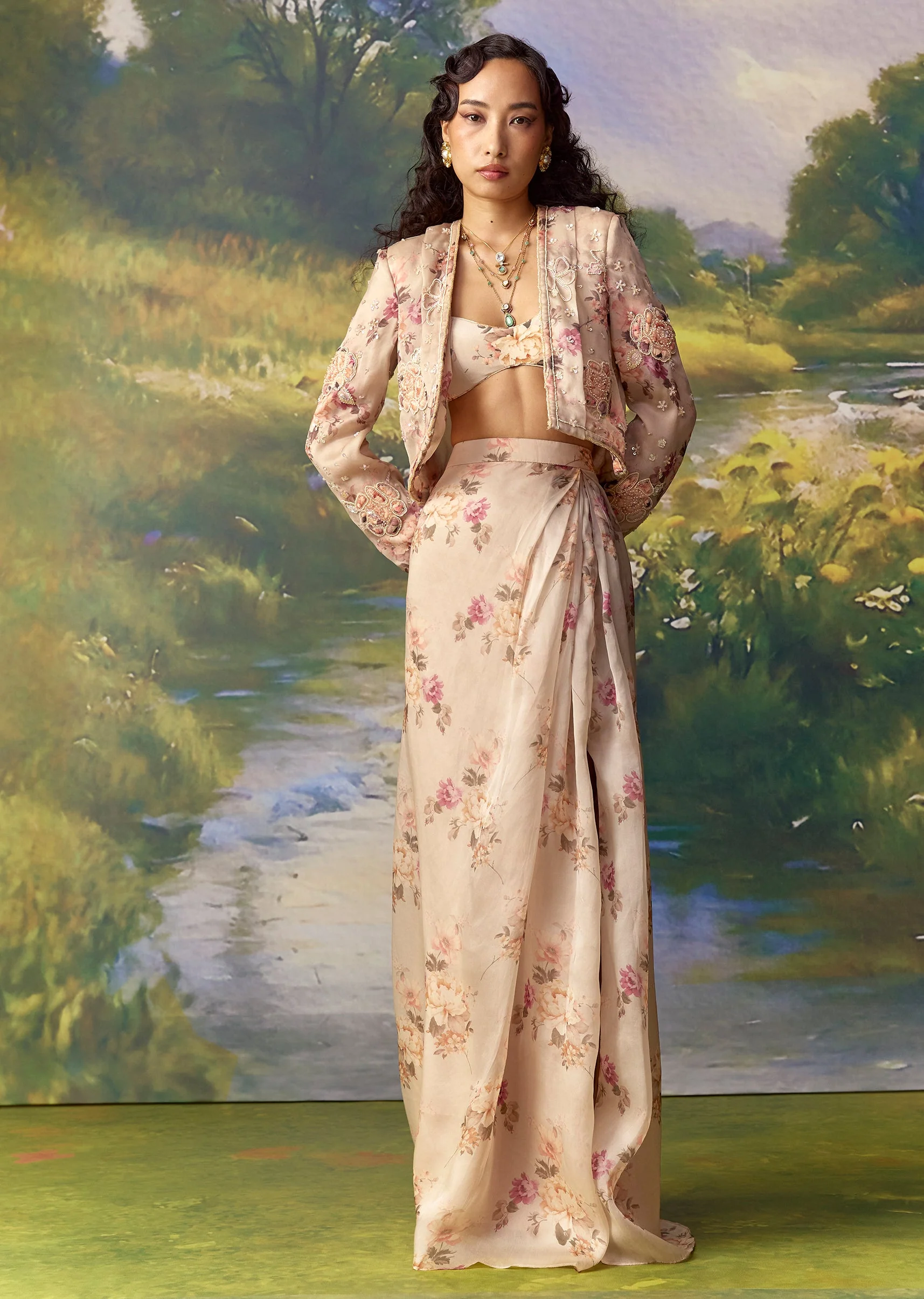 Grey Embroidered Jacket and Draped Skirt Set - Image 6