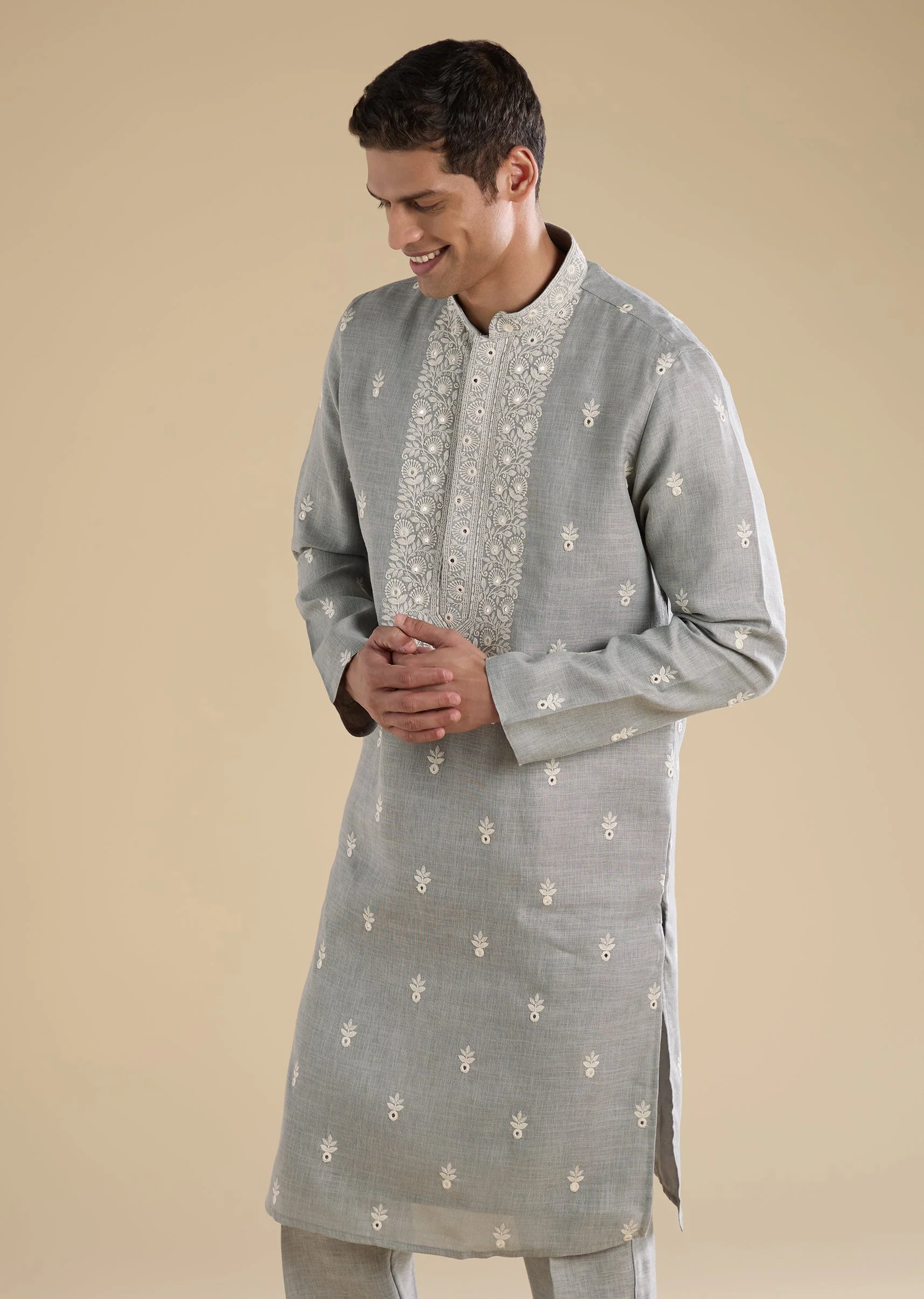Grey Embroidered Kurta Set For Men - Image 4